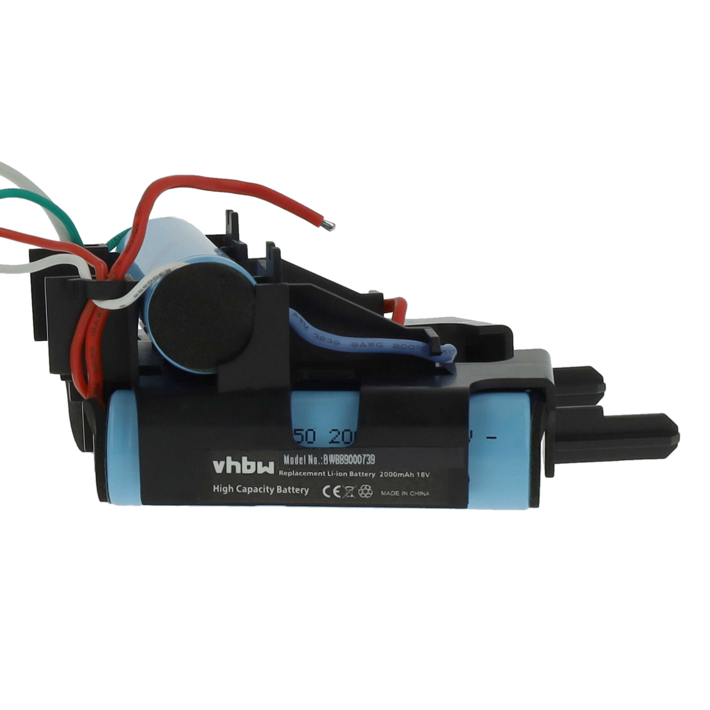 Ein Akkupack mit Drähten und Aufschrift vhbw Ersatzbatterie und anderem Text.