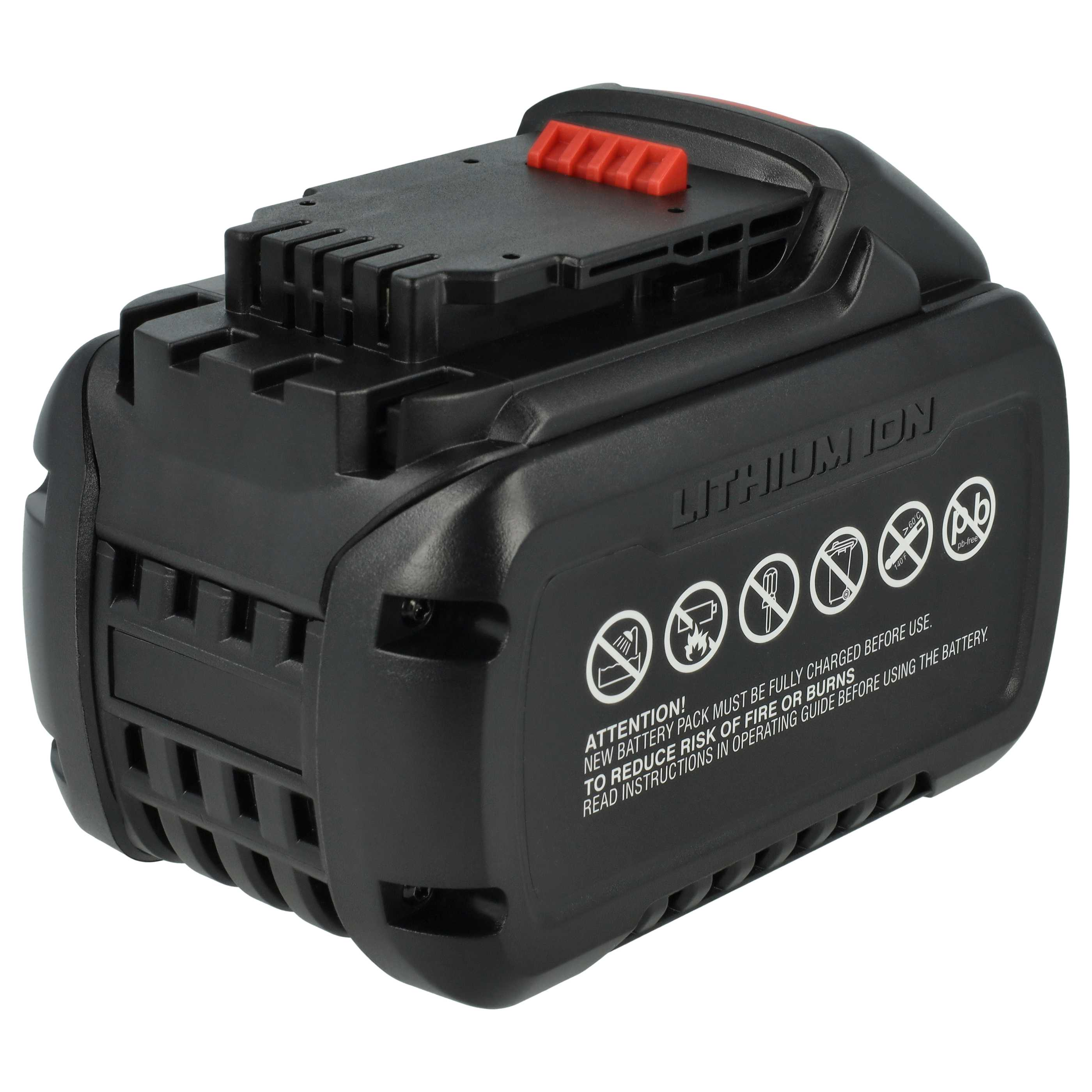 Eine schwarze Batterie mit rotem Knopf oben, mit weißem Text und Symbolen.