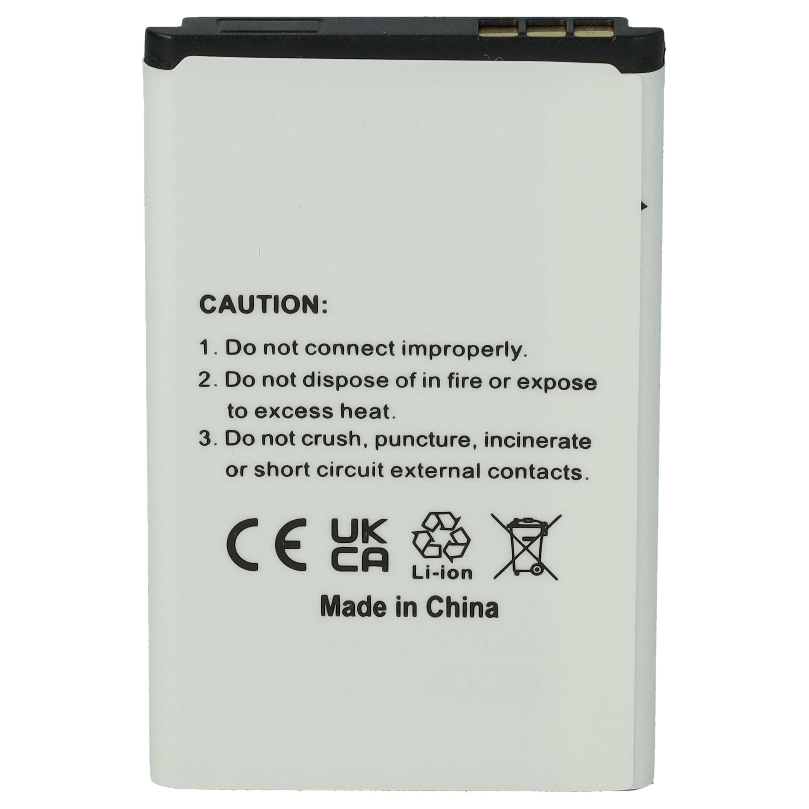 Eine weiße Batterie mit Warnhinweisen, Recycling-Symbolen und CE-Kennzeichen. Hergestellt in China steht auch da.