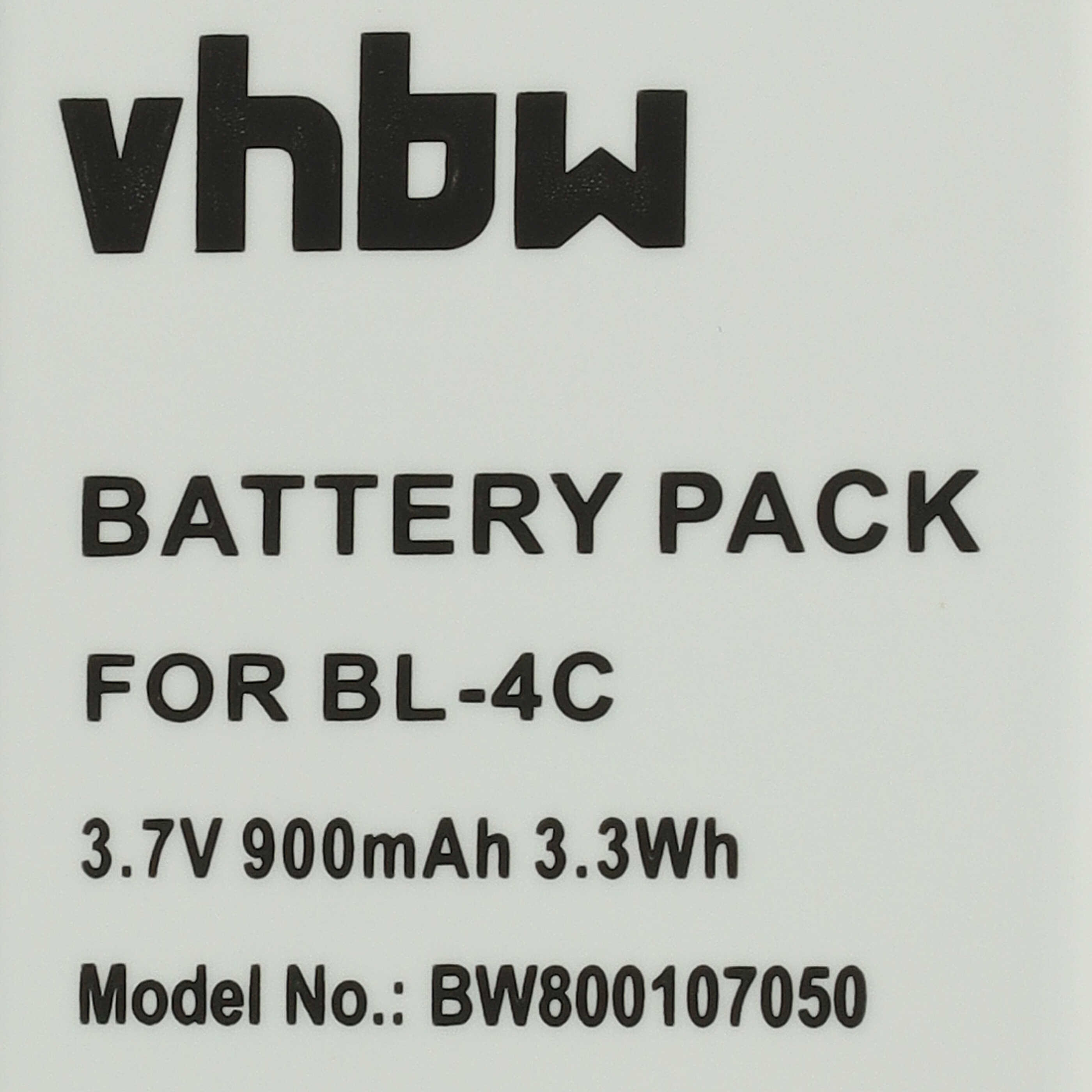 Ein weißes Etikett mit schwarzem Text: vwhb BATTERY PACK FOR BL-4C 3.7V 900mAh 3.3Wh Model No.: BW800107050