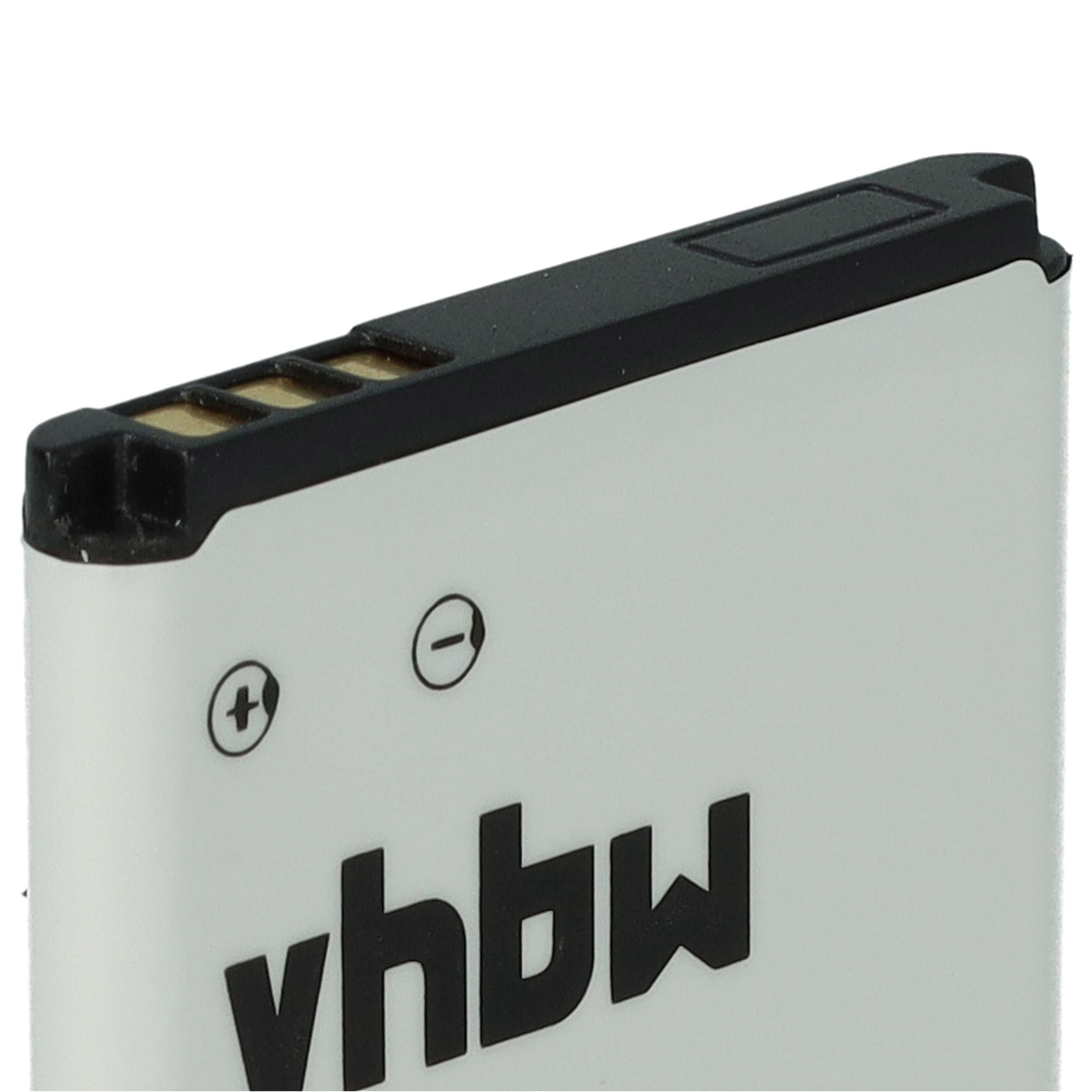 Nahaufnahme einer weißen und schwarzen Batterie mit Plus-, Minus-Symbolen und dem Wort 'vhbw'.