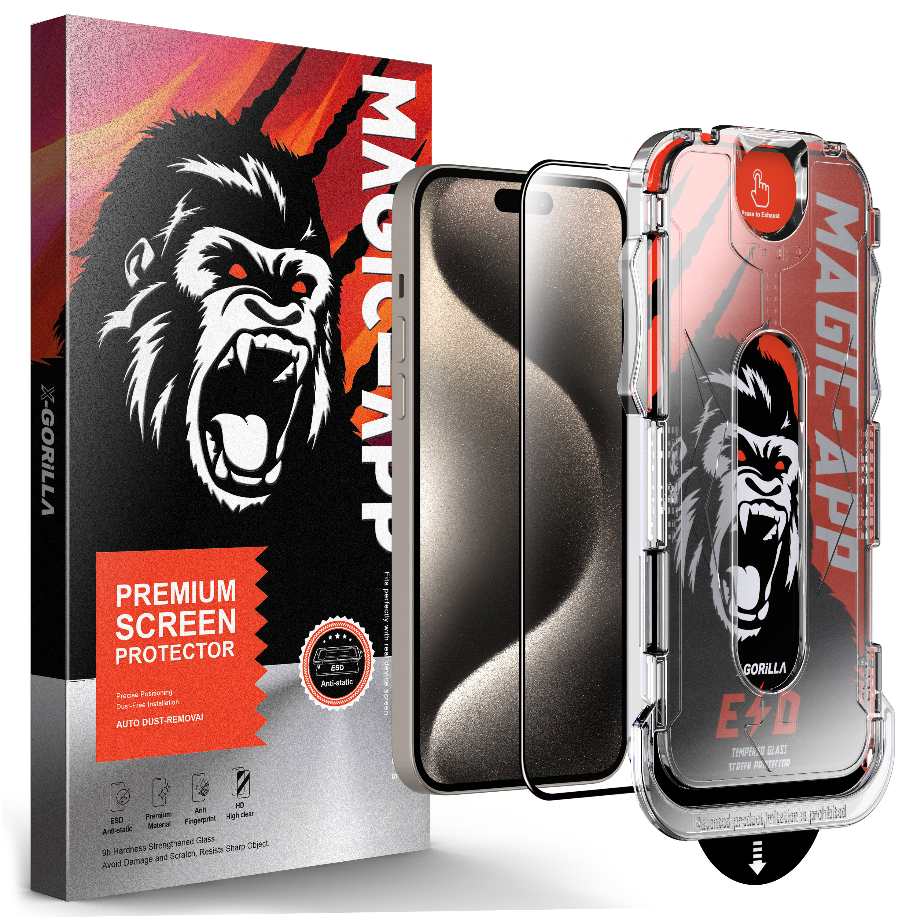 Handy-Displayschutzfolien-Set mit Gorilla-Kunst, Telefon und Hülle.