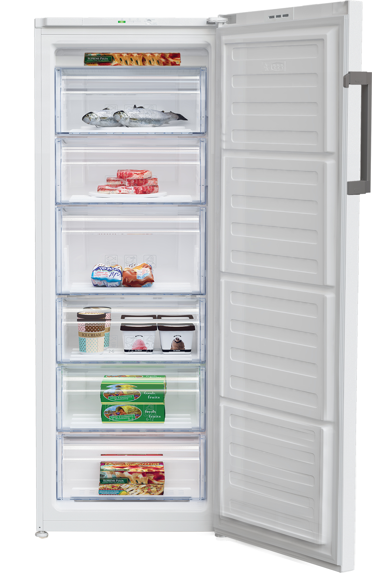 Frigorifero bianco con la porta aperta, che rivela ripiani con generi alimentari all'interno.