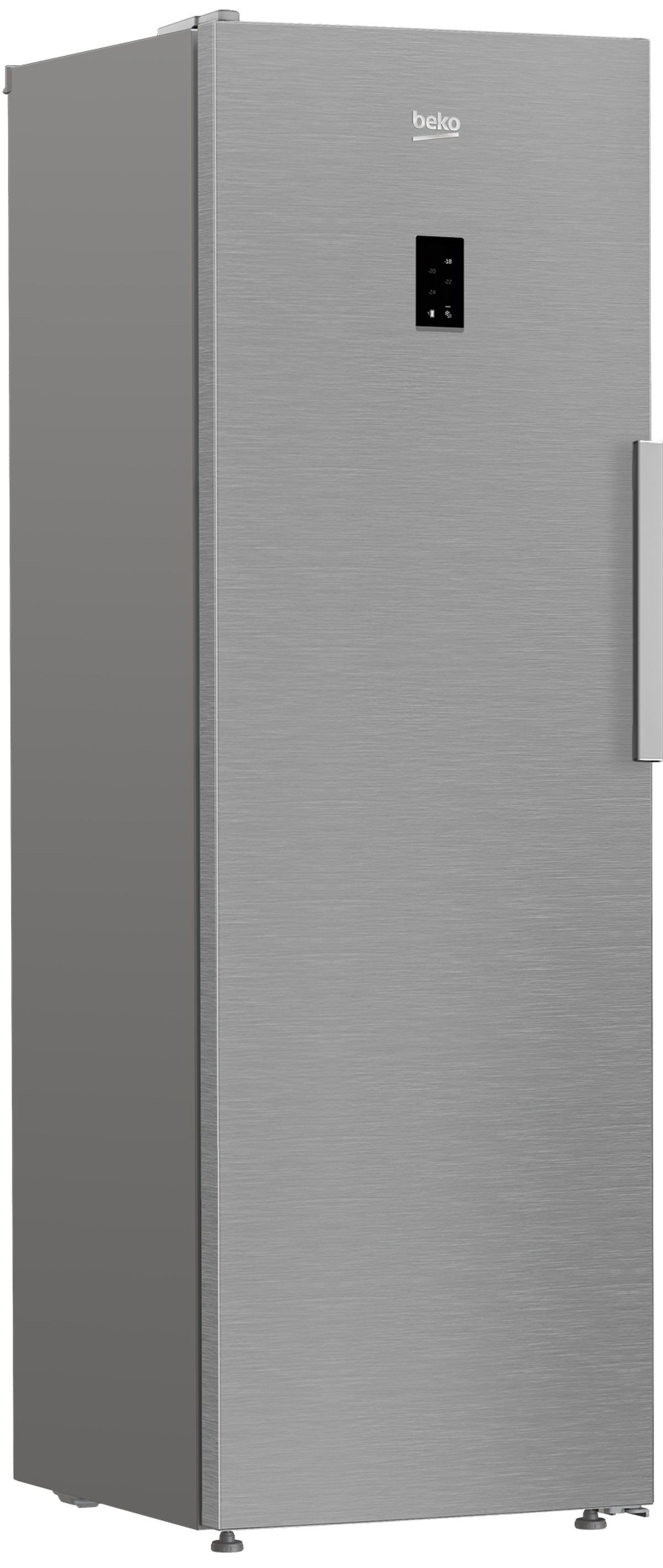 Frigorífico Beko alto y plateado, con panel digital y tirador plateado.