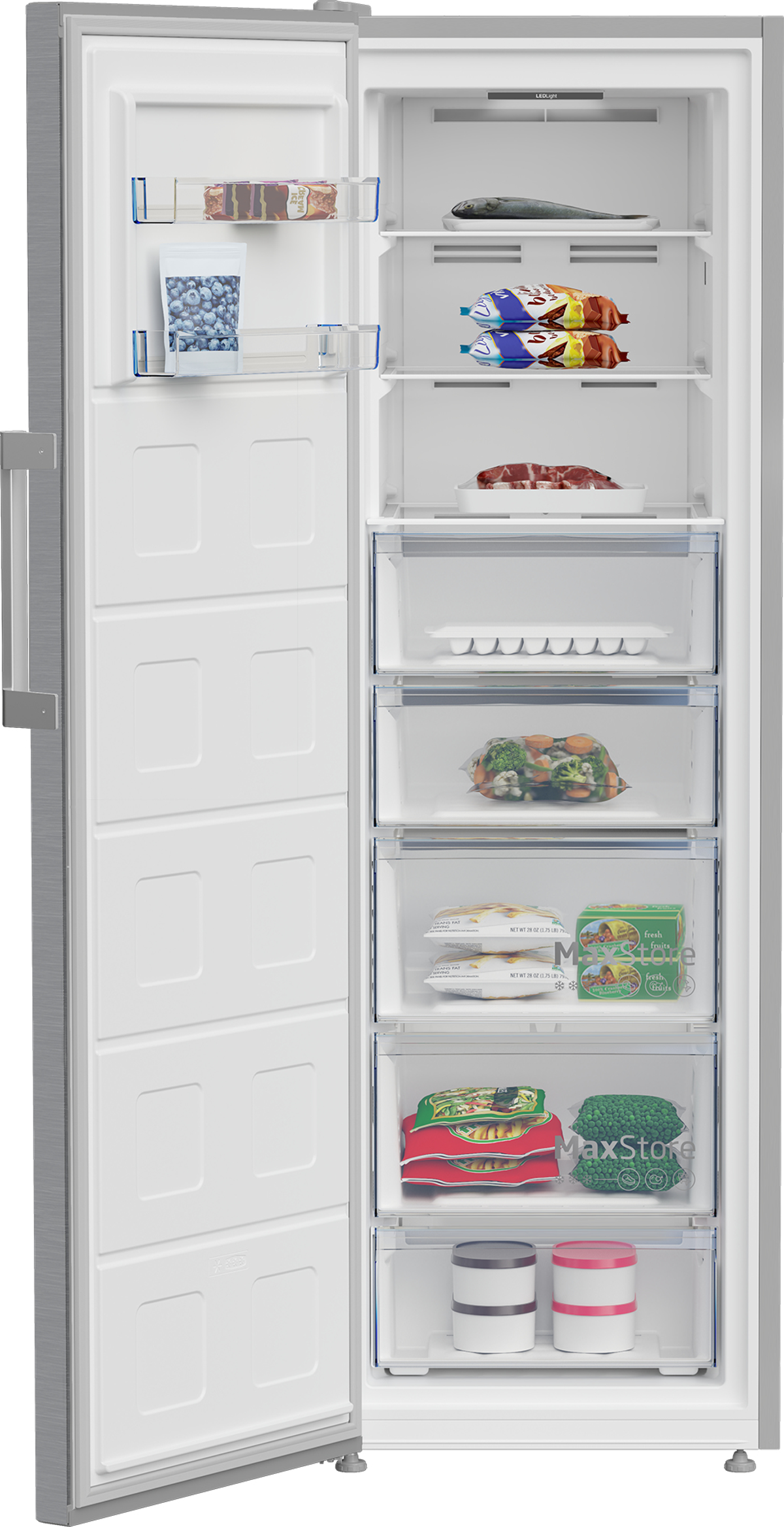 Refrigerador plateado, abierto. El interior muestra estantes llenos de alimentos, como comidas congeladas y verduras.