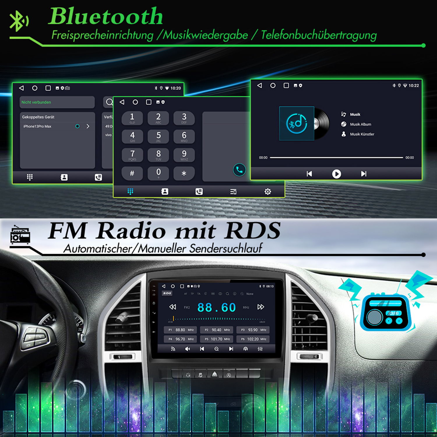 Auto-Multimedia-System-Bildschirm mit Bluetooth, UKW-Radio und Musik-Oberflächen.