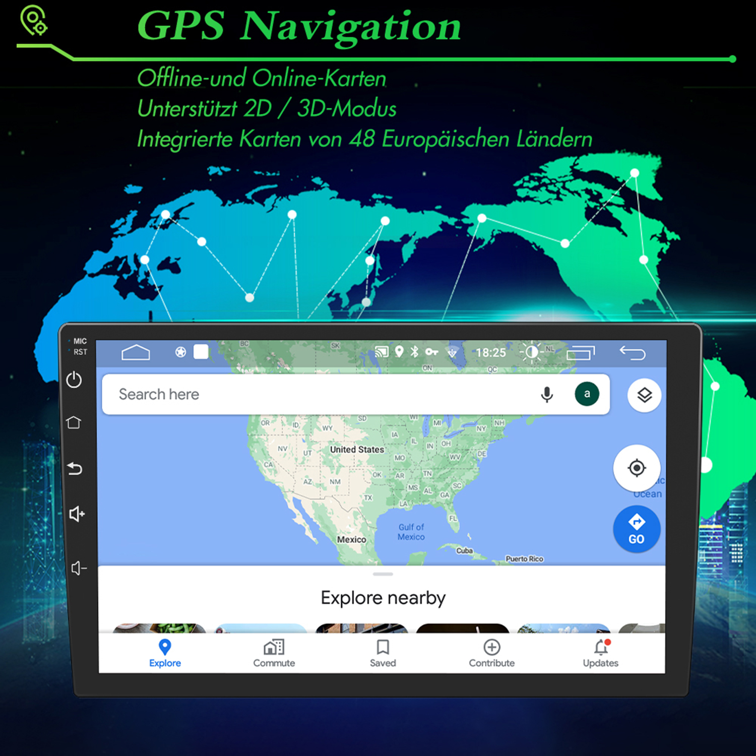 GPS-Navigationsbildschirm mit einer Weltkarte, Suchleiste und Steuerungssymbolen. Unterstützt 2D/3D.