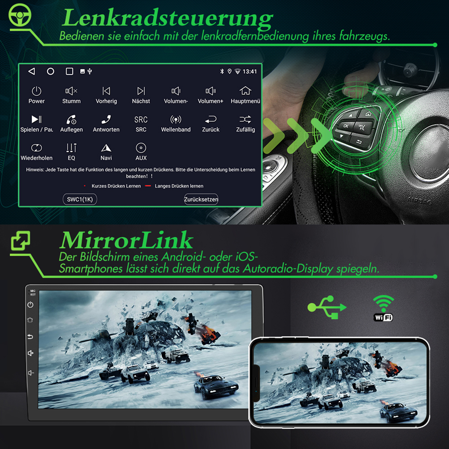 Diagramm des Car-Infotainmentsystems, Armaturenbrett-Steuerungen und Smartphone-Mirroring.
