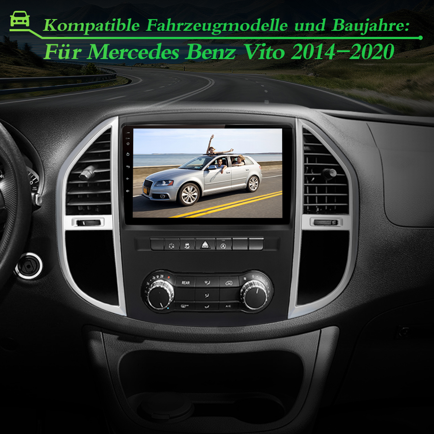 Autoradioanlage in einem Mercedes Benz Vito, die ein Auto auf dem Bildschirm zeigt, mit Text oben.