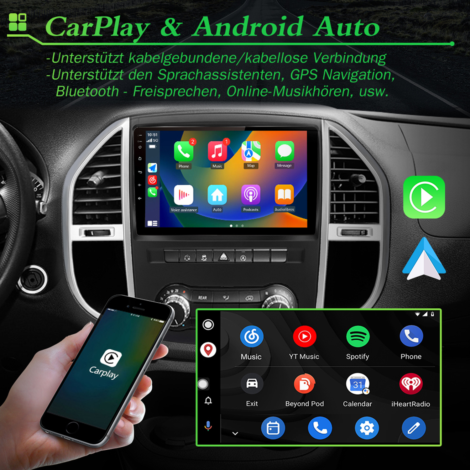 Auto-Infotainmentsystem mit CarPlay und Android Auto auf dem Bildschirm und einem Telefon.