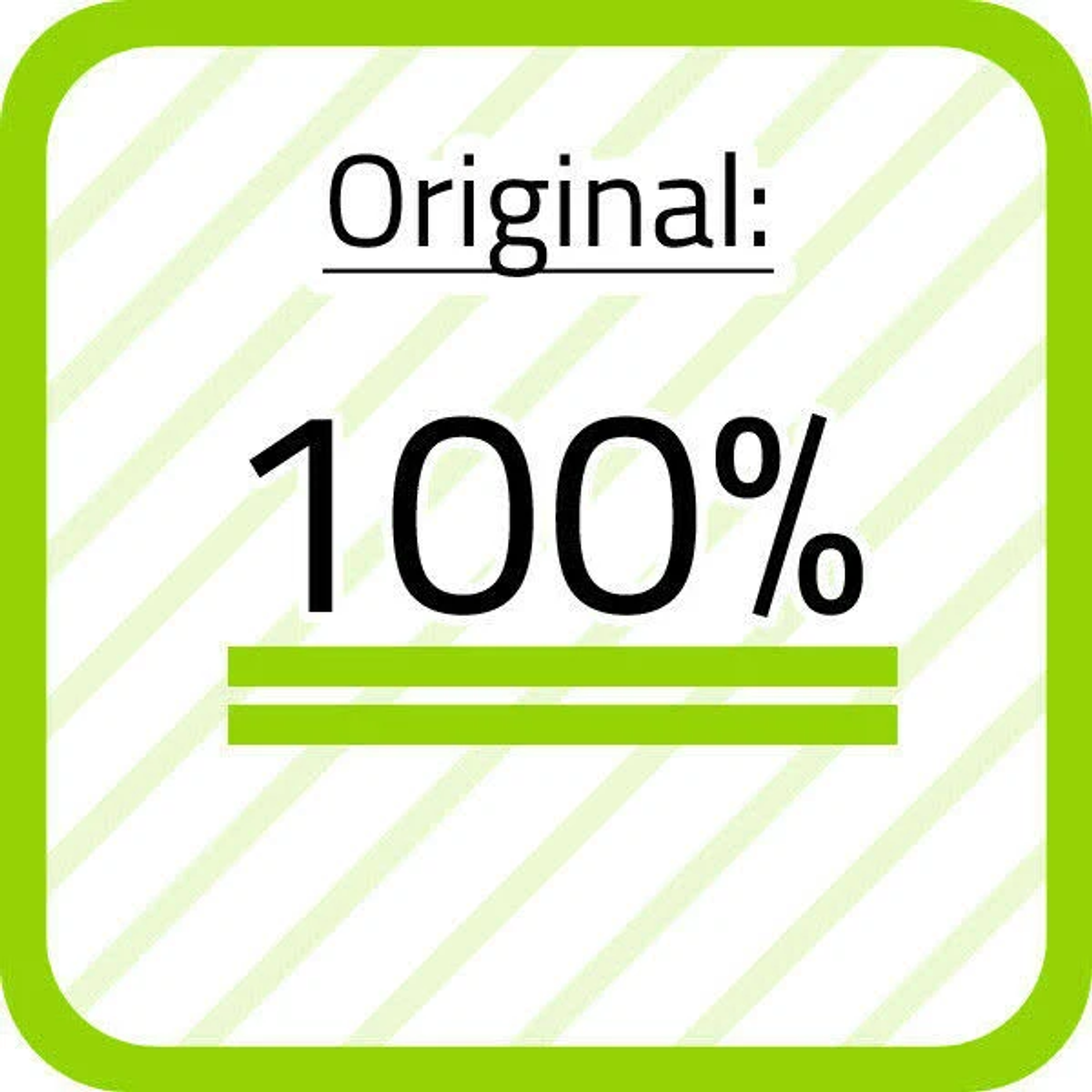 Zielony kwadrat z białymi przekątnymi paskami, z tekstem: Oryginalny: 100%.