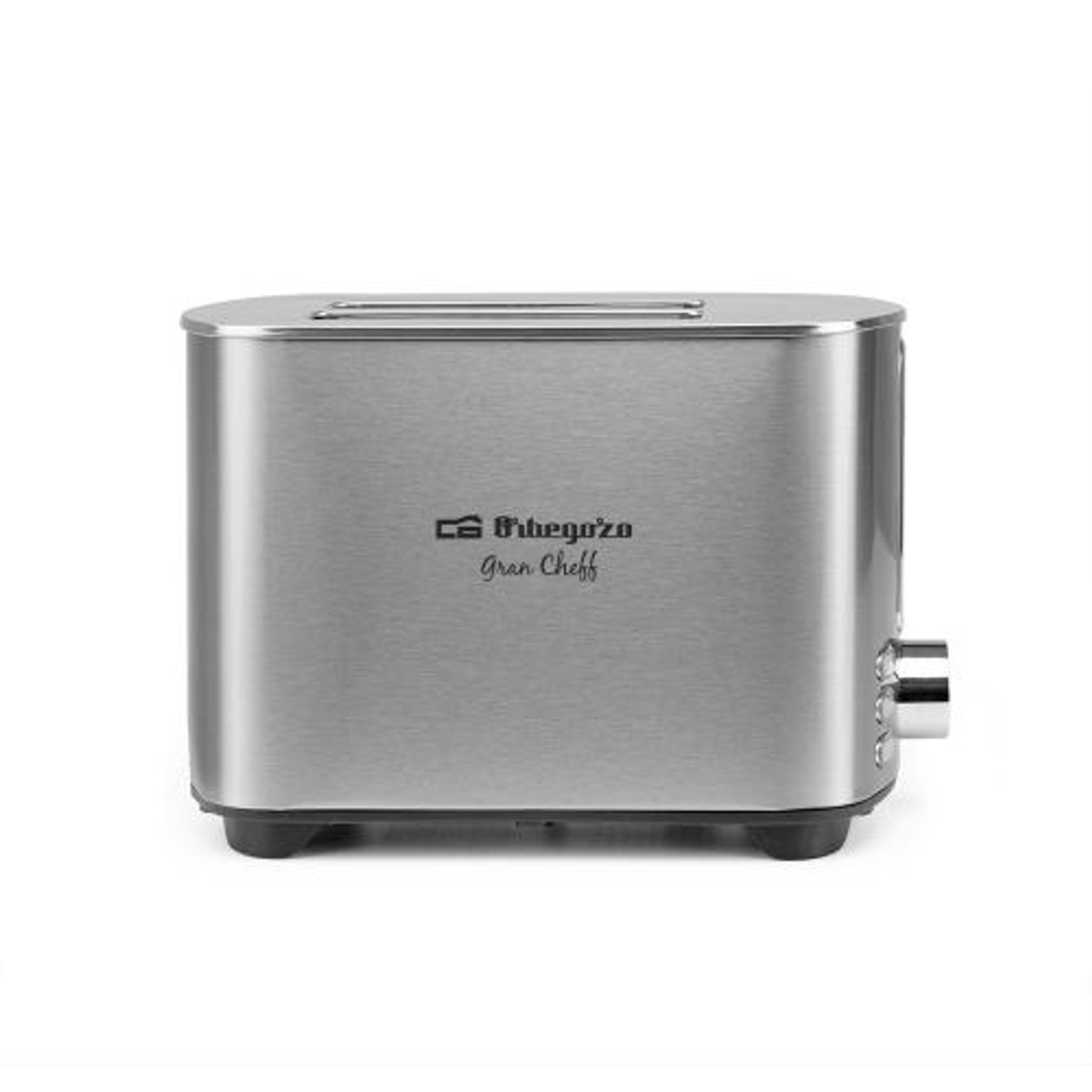 Srebrny toster z napisem 'Orbegozo Gran Cheff' na białym tle.