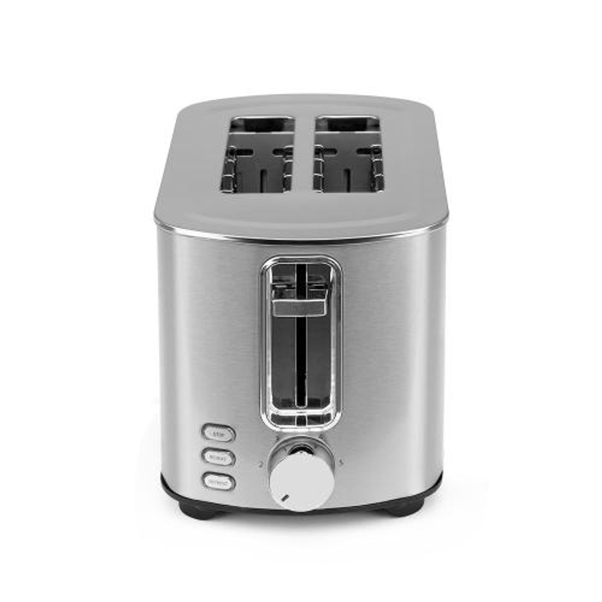 Srebrny toster z dwoma otworami, dźwignią i trzema przyciskami sterowania. Jest umieszczony na białym tle.