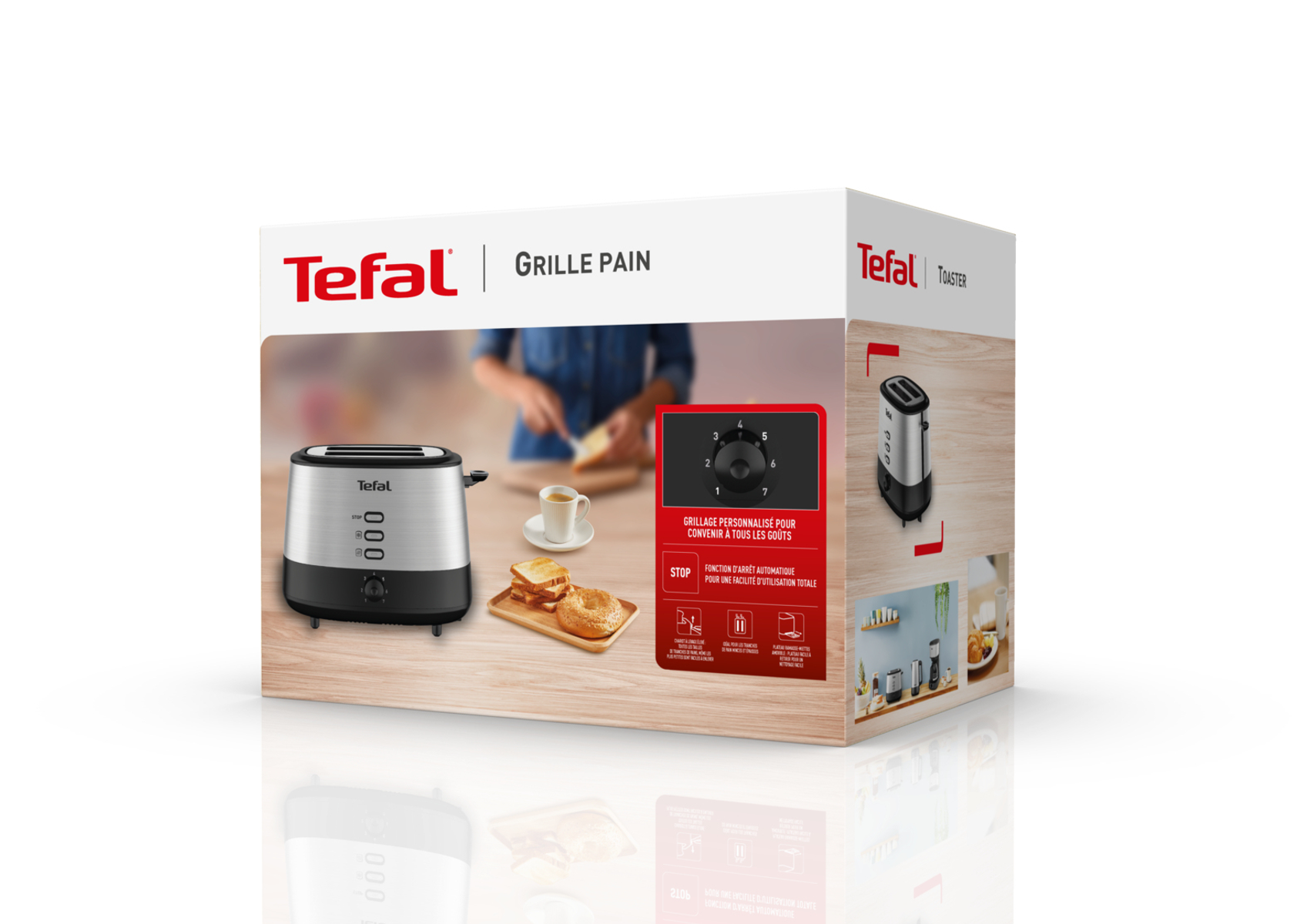 Pudełko tostera Tefal ze zdjęciami produktu, osobą smarującą masło i pokrętłem z ustawieniami.