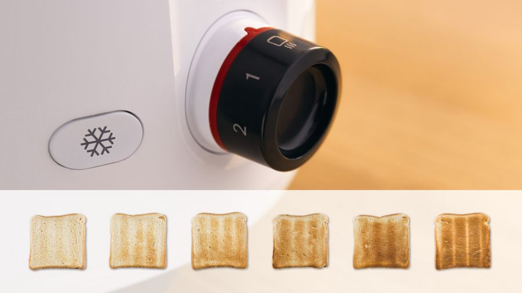 Biały toster z czarnym pokrętłem i ilustracjami pokazującymi stopnie zarumienienia tostów.