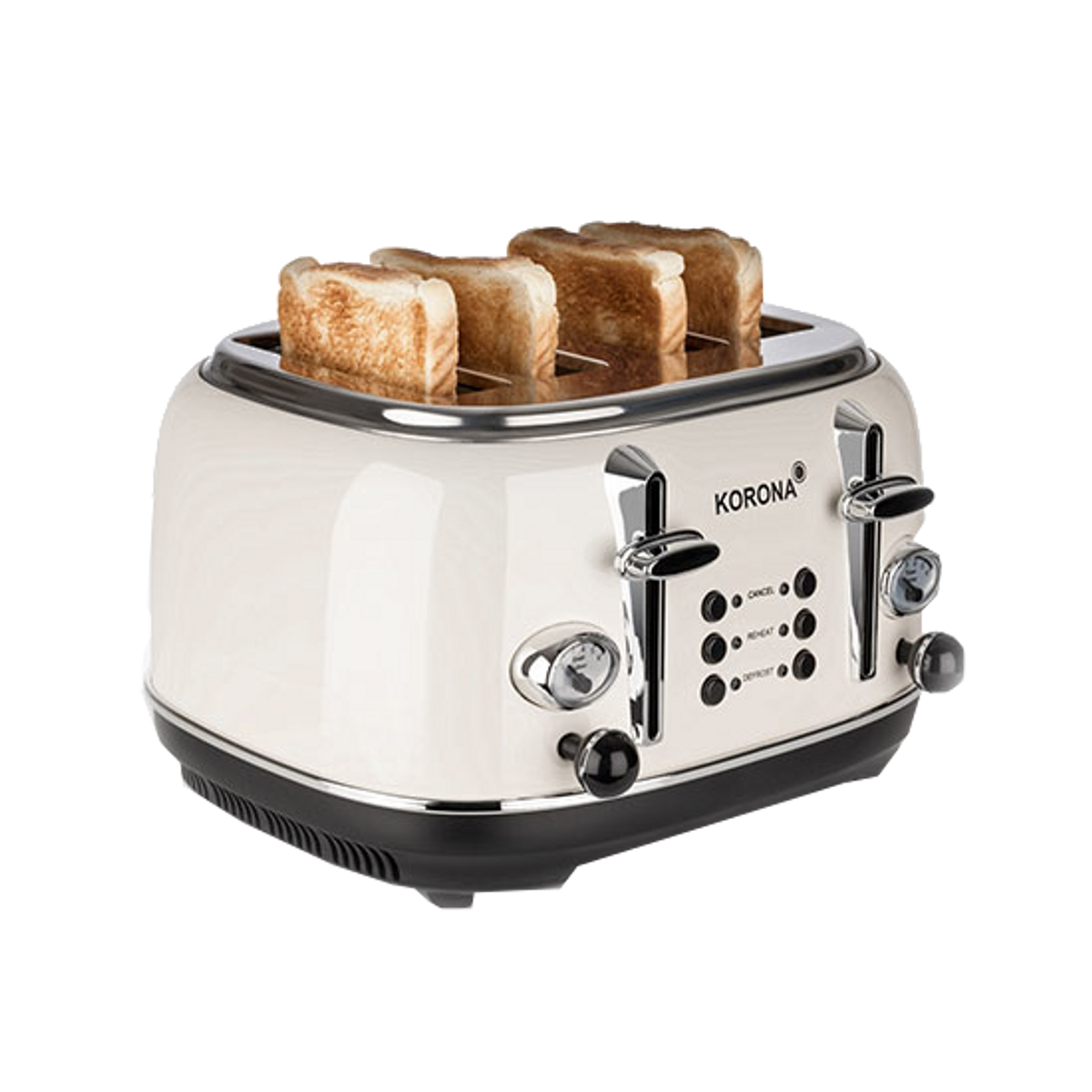Kremowy toster z czterema kromkami tostów. Chromowane akcenty i czarna podstawa. Marka Korona.