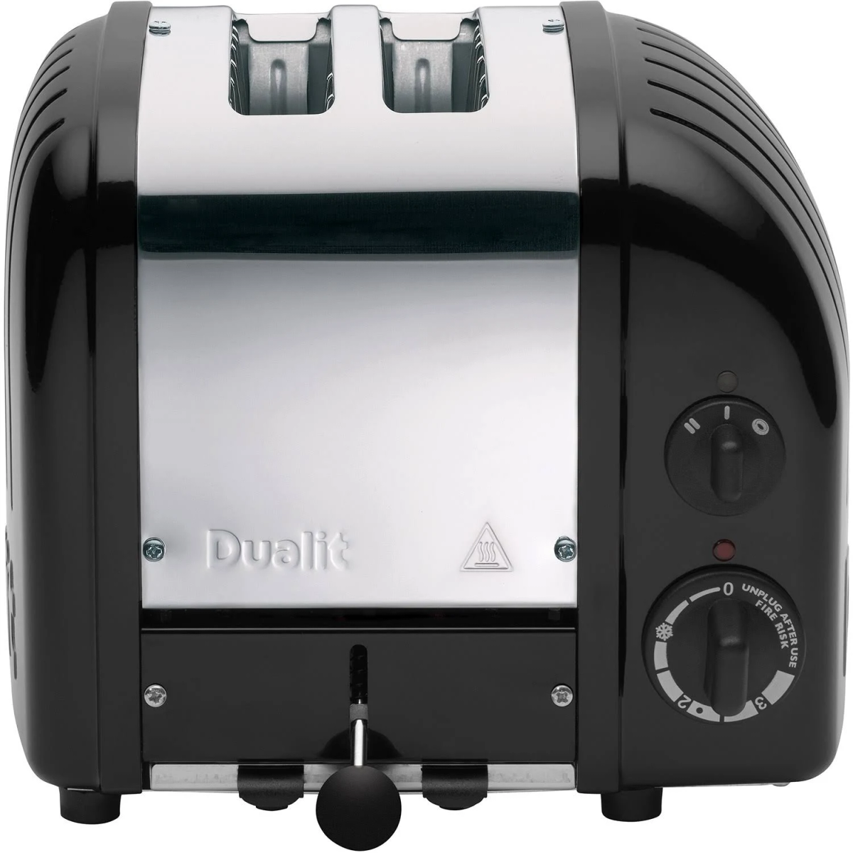 Schwarzer und verchromter Toaster mit zwei Schlitzen, Drehreglern und einem Hebel. Der Markenname Dualit ist sichtbar.