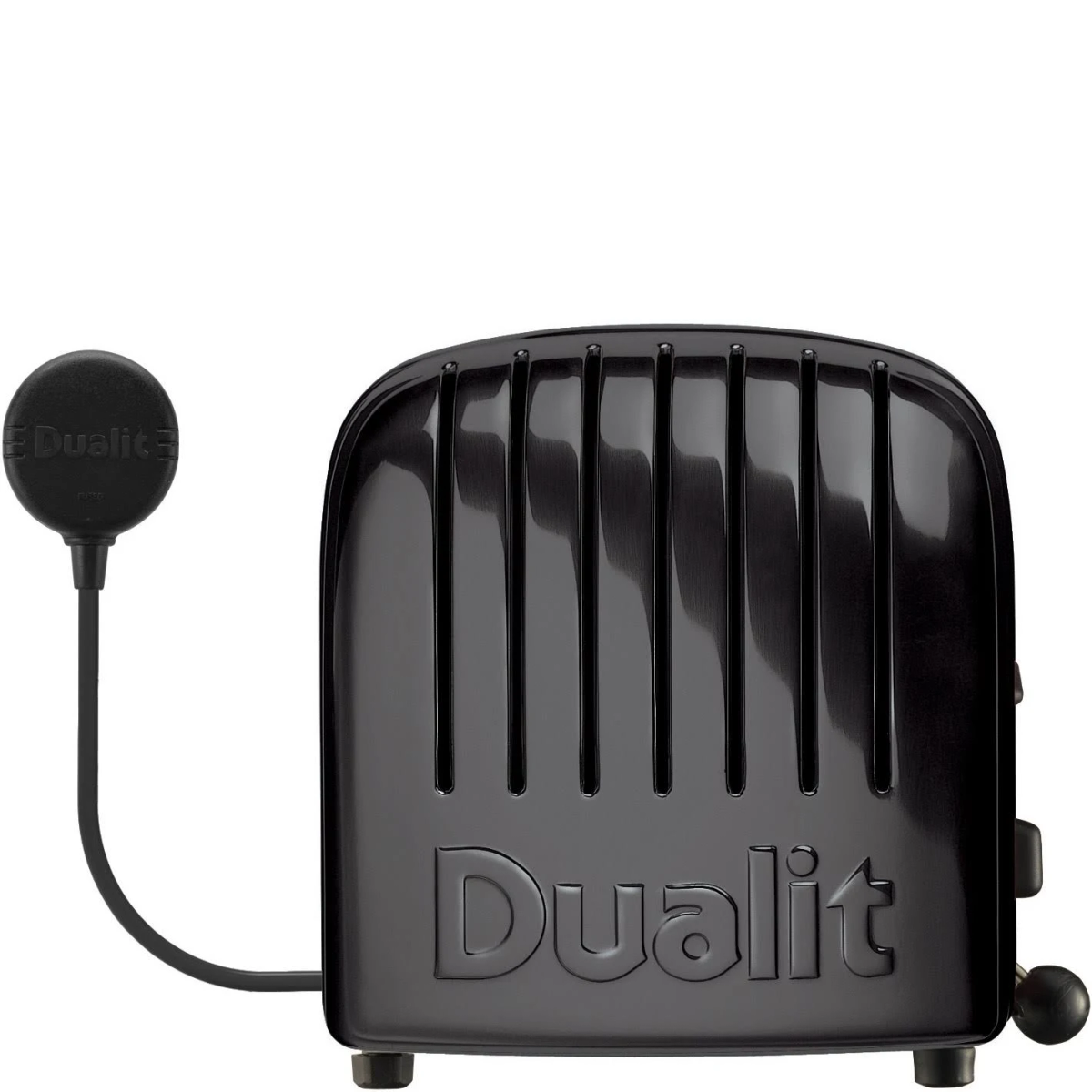 Ein schwarzer Dualit-Toaster mit sichtbarem Markennamen. Er hat einen runden Stecker.