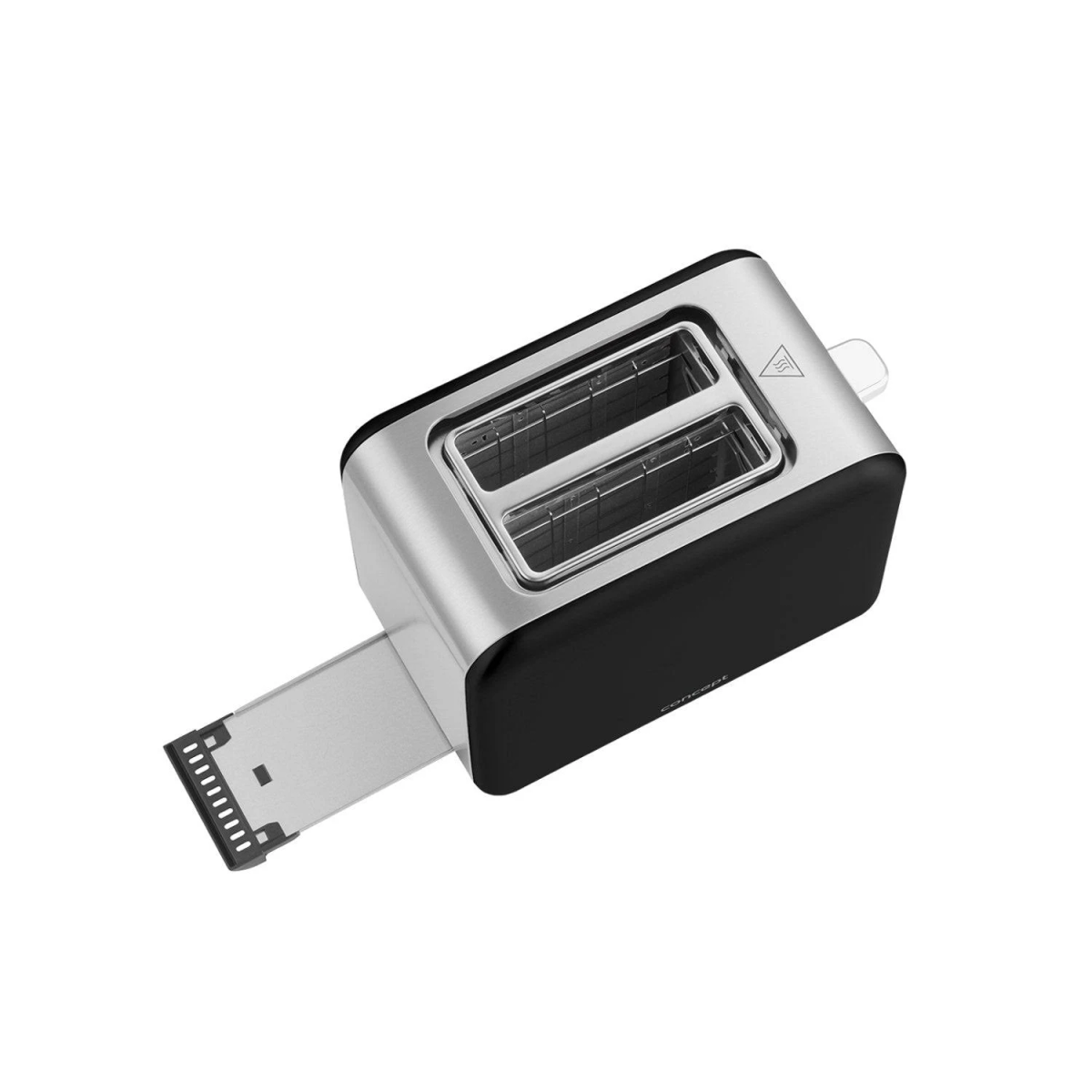 Silber-schwarzer Toaster mit zwei Schlitzen und Brotscheibenauswurf. Draufsicht, auf weißer Oberfläche.