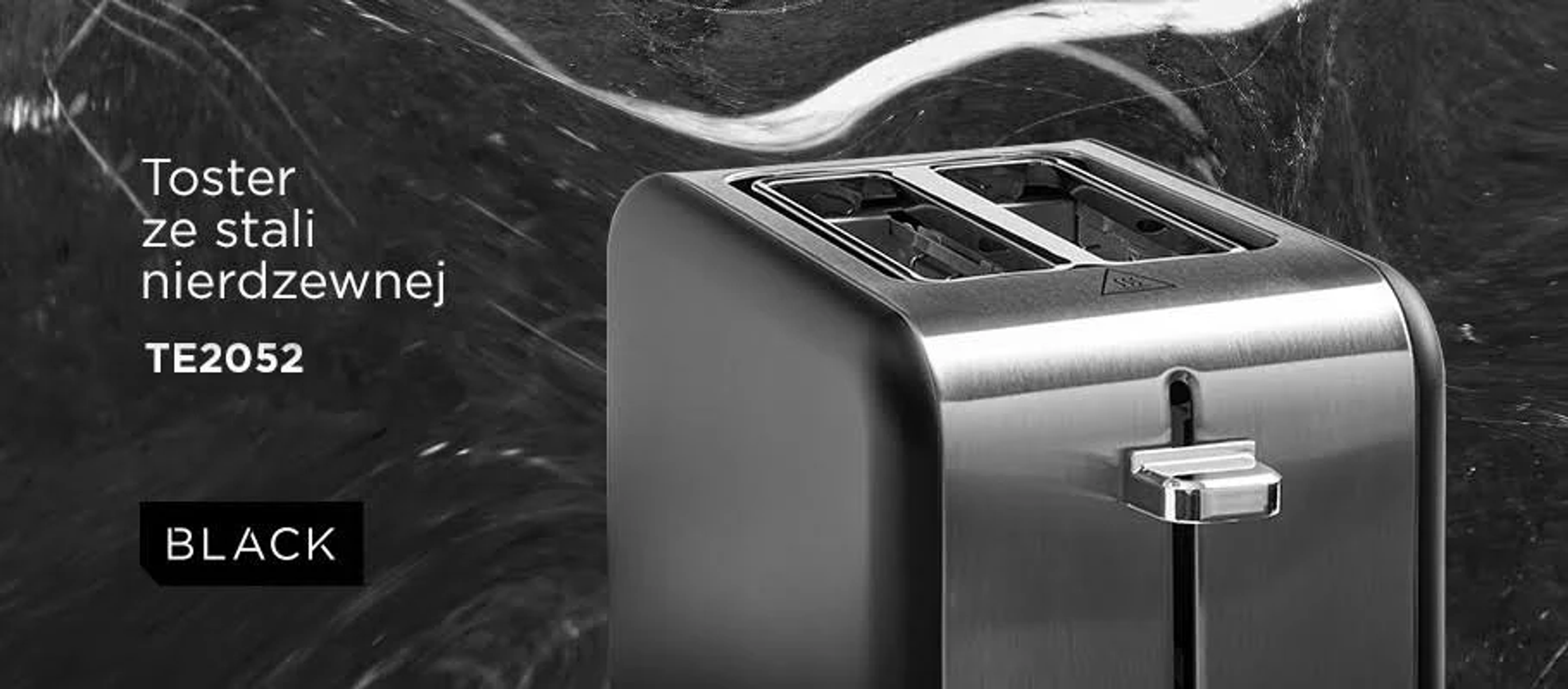 Ein schwarzer Toaster mit Edelstahlfront und dem Wort BLACK am unteren Rand.