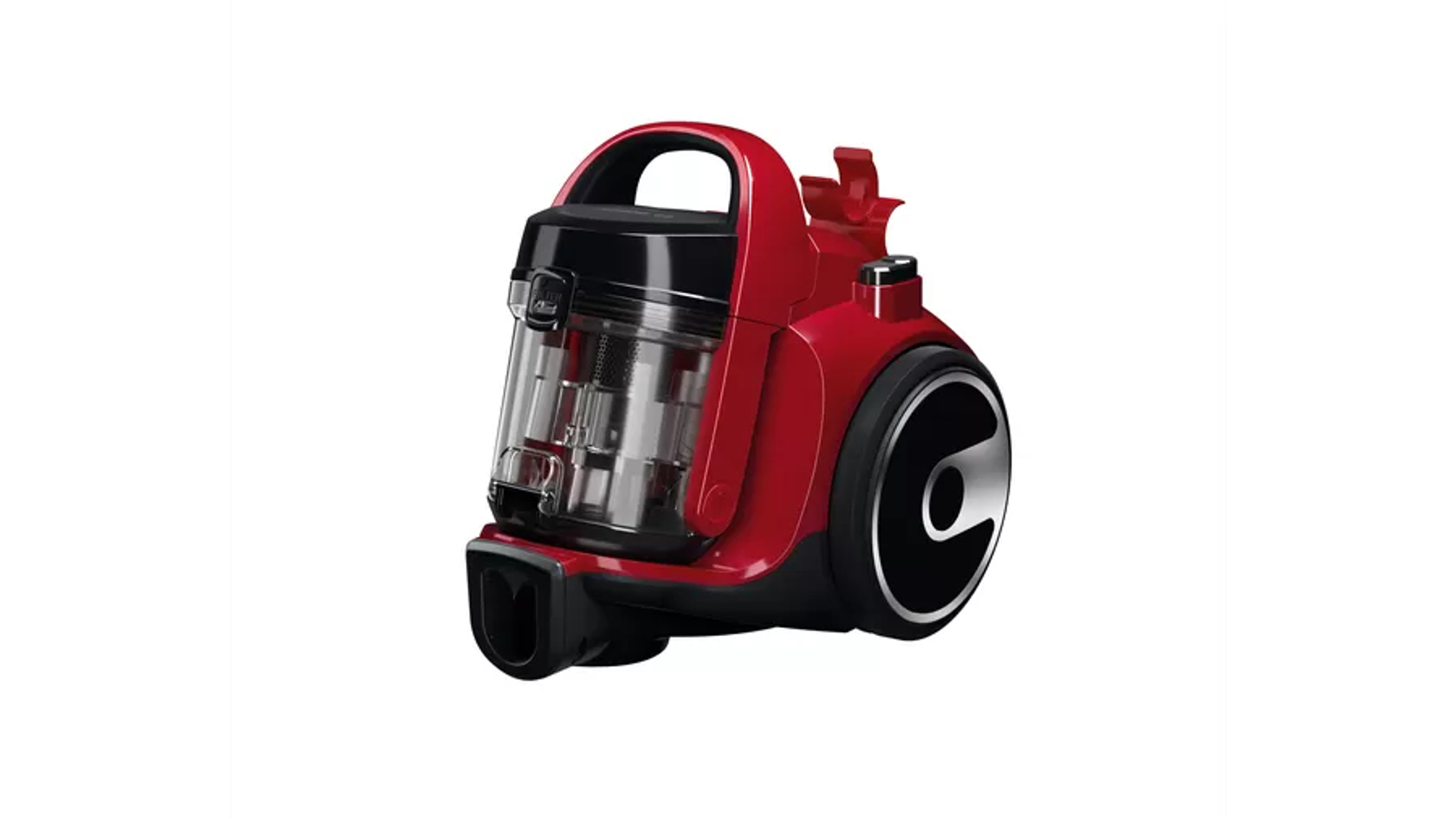 Czerwony odkurzacz, czarne akcenty, na białym tle.