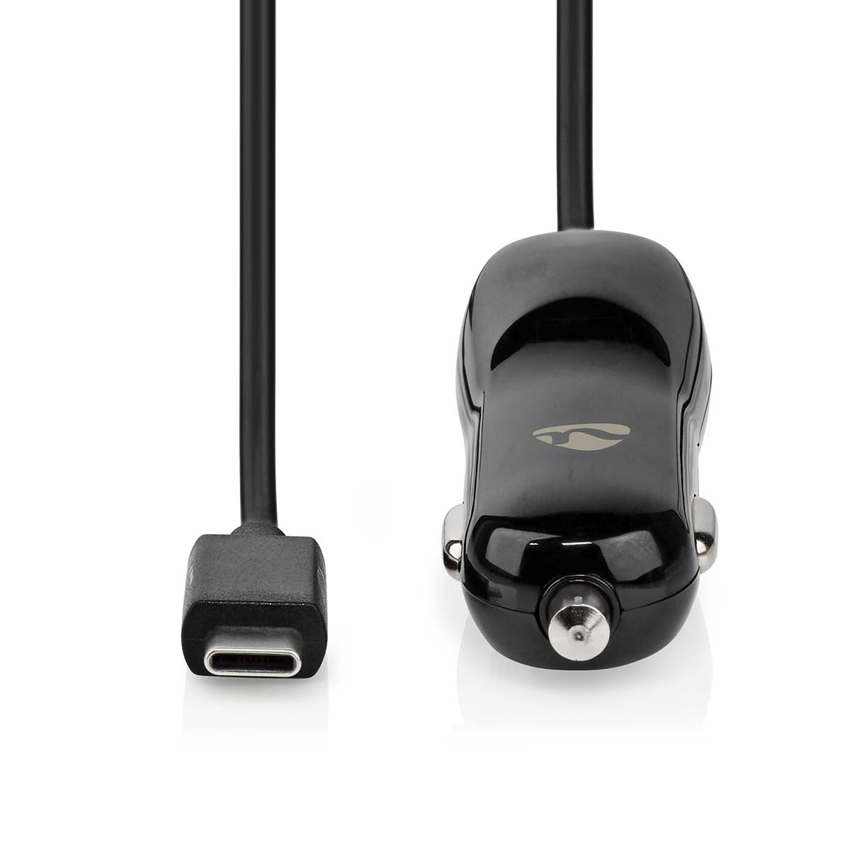 Schwarzes Autoladegerät mit USB-C-Kabel. Das Ladegerät hat einen silbernen Ring.