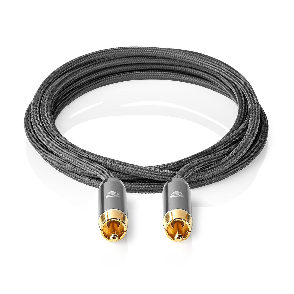 Coiled black cable with gold-colored connectors at both ends. The cable is wrapped in a braid.