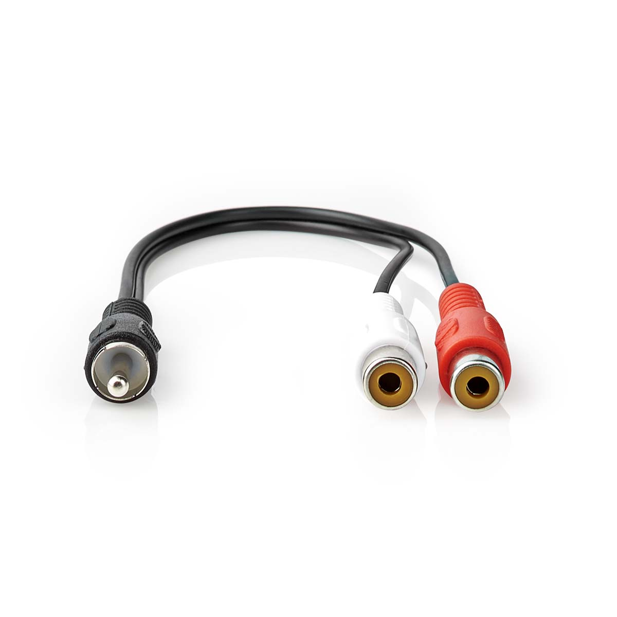 Audiokabel met één vrouwelijke en twee mannelijke RCA-connectoren, zwart en kleuren op witte achtergrond.