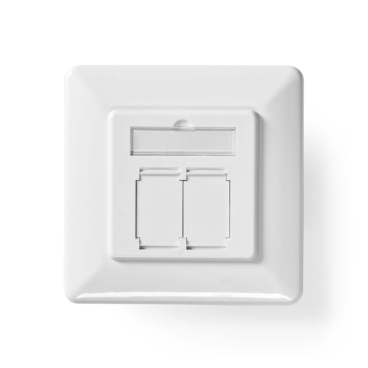 White electrical outlet with two plug receptacles, set in a square frame.