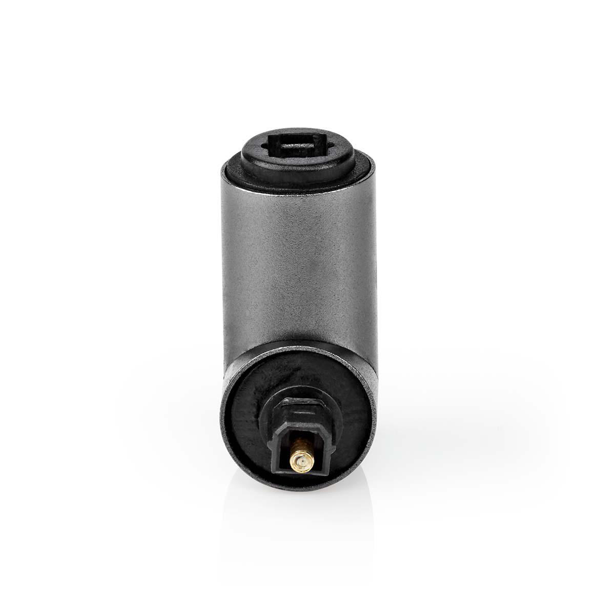 Ein kleiner, grauer optischer Audioadapter mit schwarzem Ende und einem kleinen Goldpunkt.