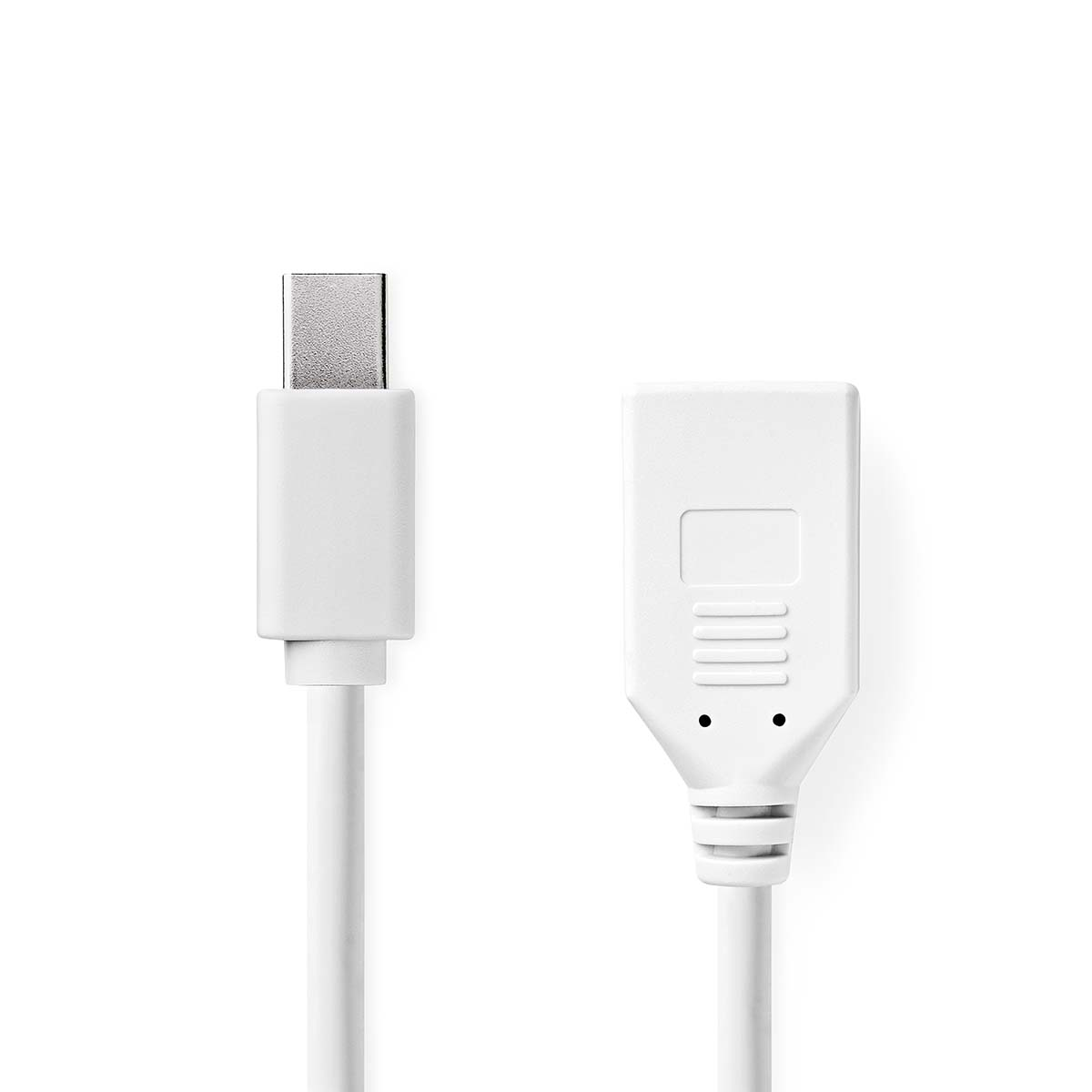 Witte USB-C-kabel en een witte adapter met een poort. Beide staan op een witte achtergrond.