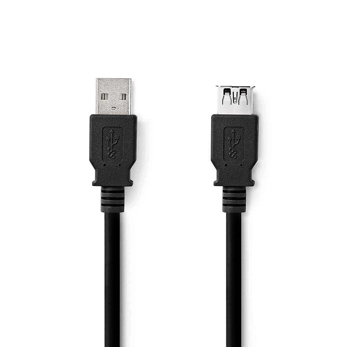 Two black USB cables with USB-A and USB-A female connectors on a white background.