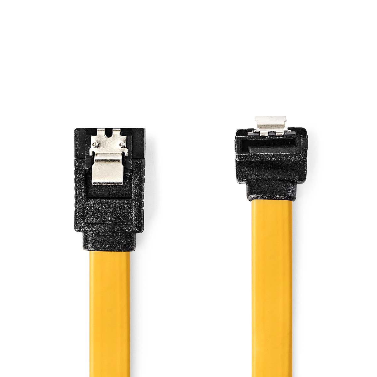 Zwei gelbe SATA-Kabel mit schwarzen Steckern auf weißem Hintergrund.