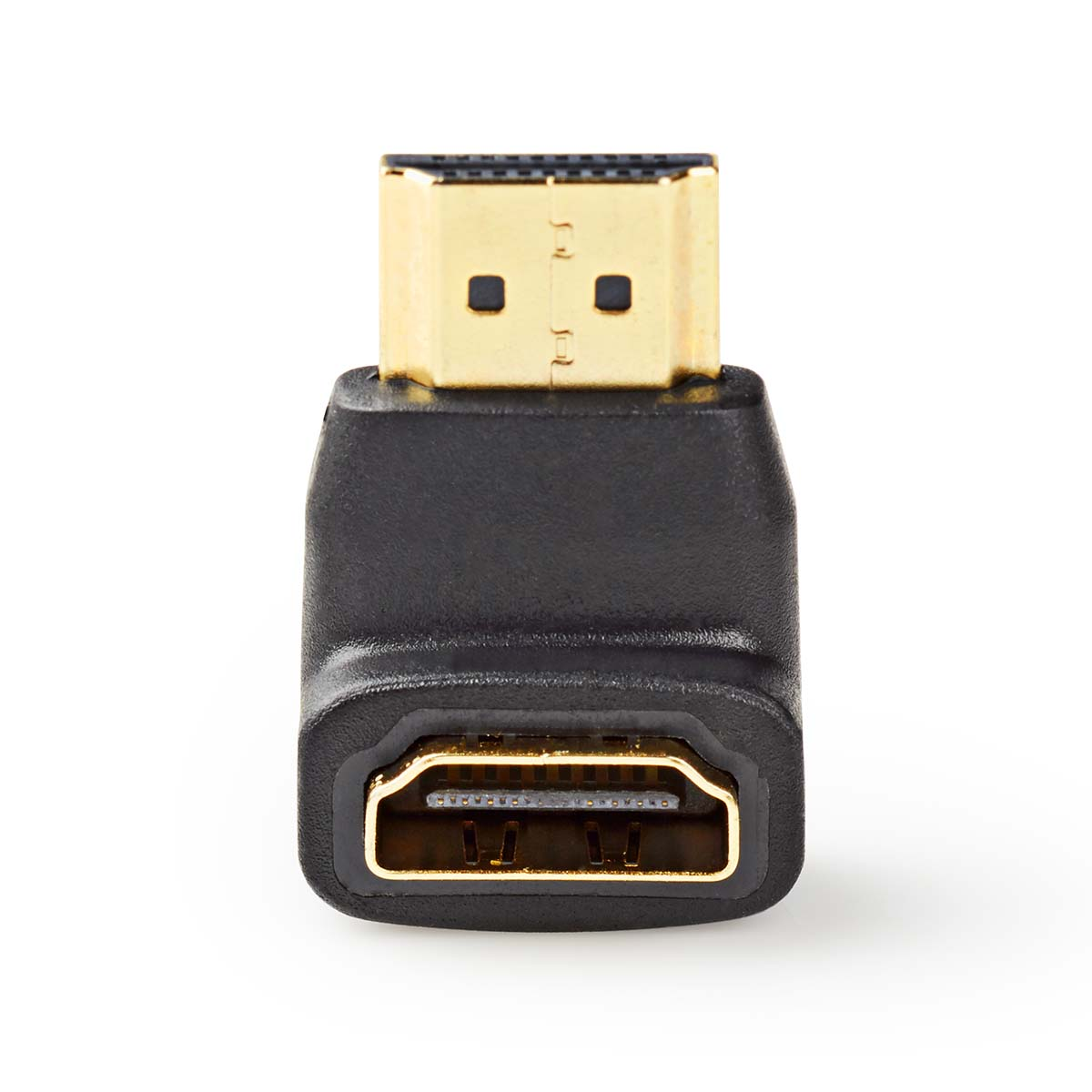 Un adattatore nero da HDMI a HDMI con connettori placcati in oro su sfondo bianco.