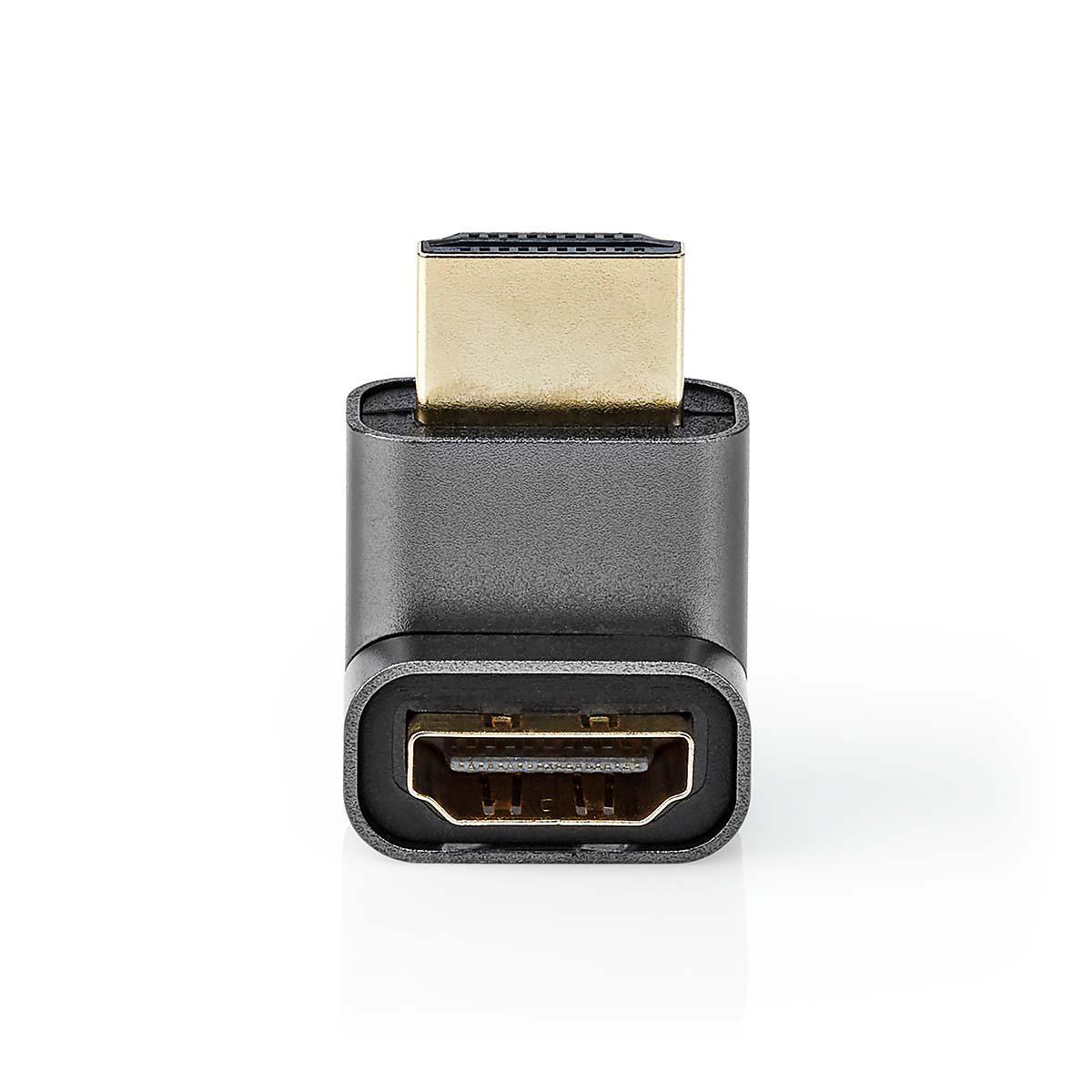 Adaptateur HDMI noir et gris. Connecteur doré en haut et port HDMI en bas. Fond blanc.