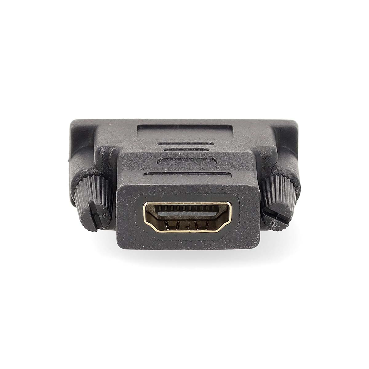 Adattatore da HDMI a DVI nero con porta HDMI dorata e viti nere, su sfondo bianco.