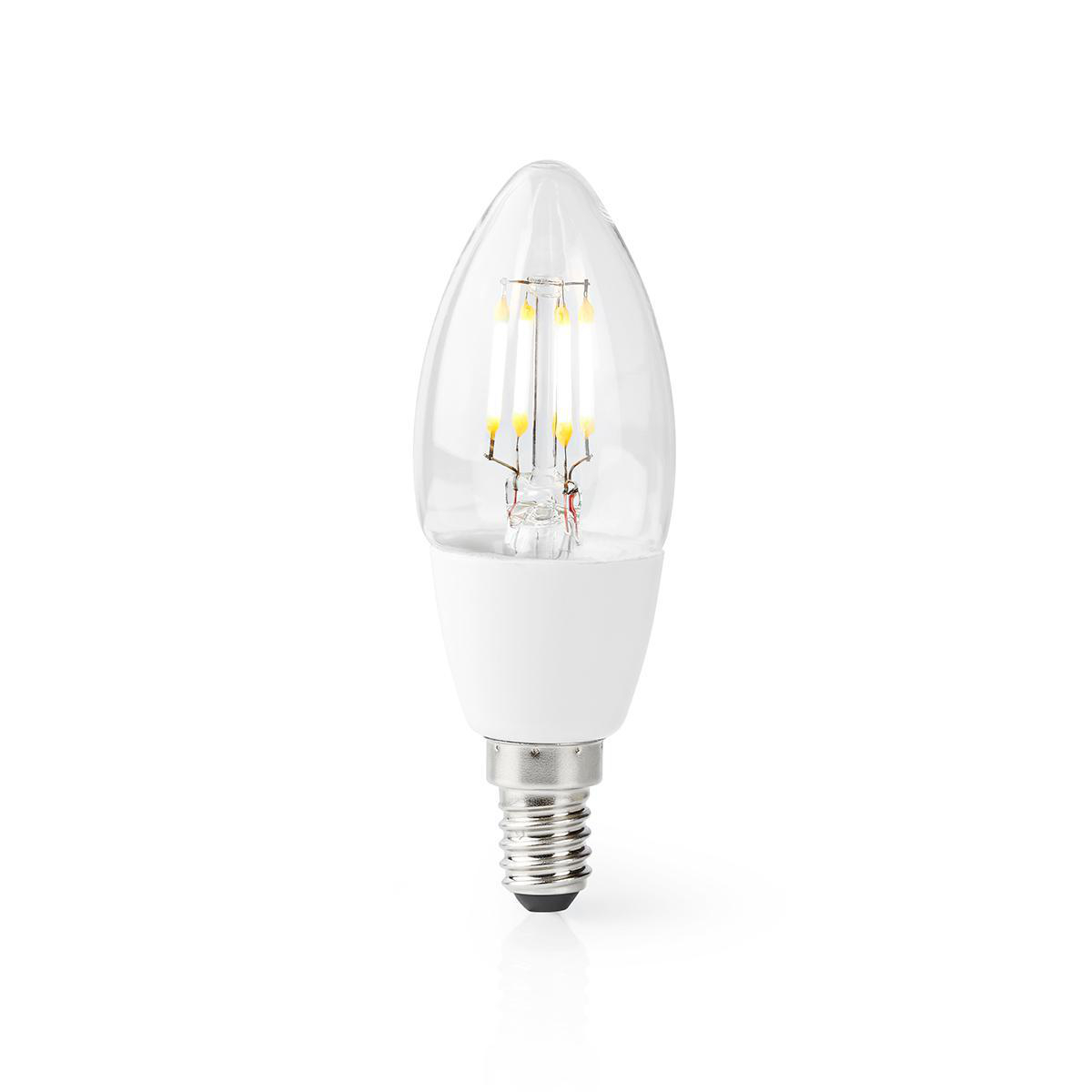 Lampadina in vetro trasparente con luci a led e base bianca. Ha un attacco a vite.