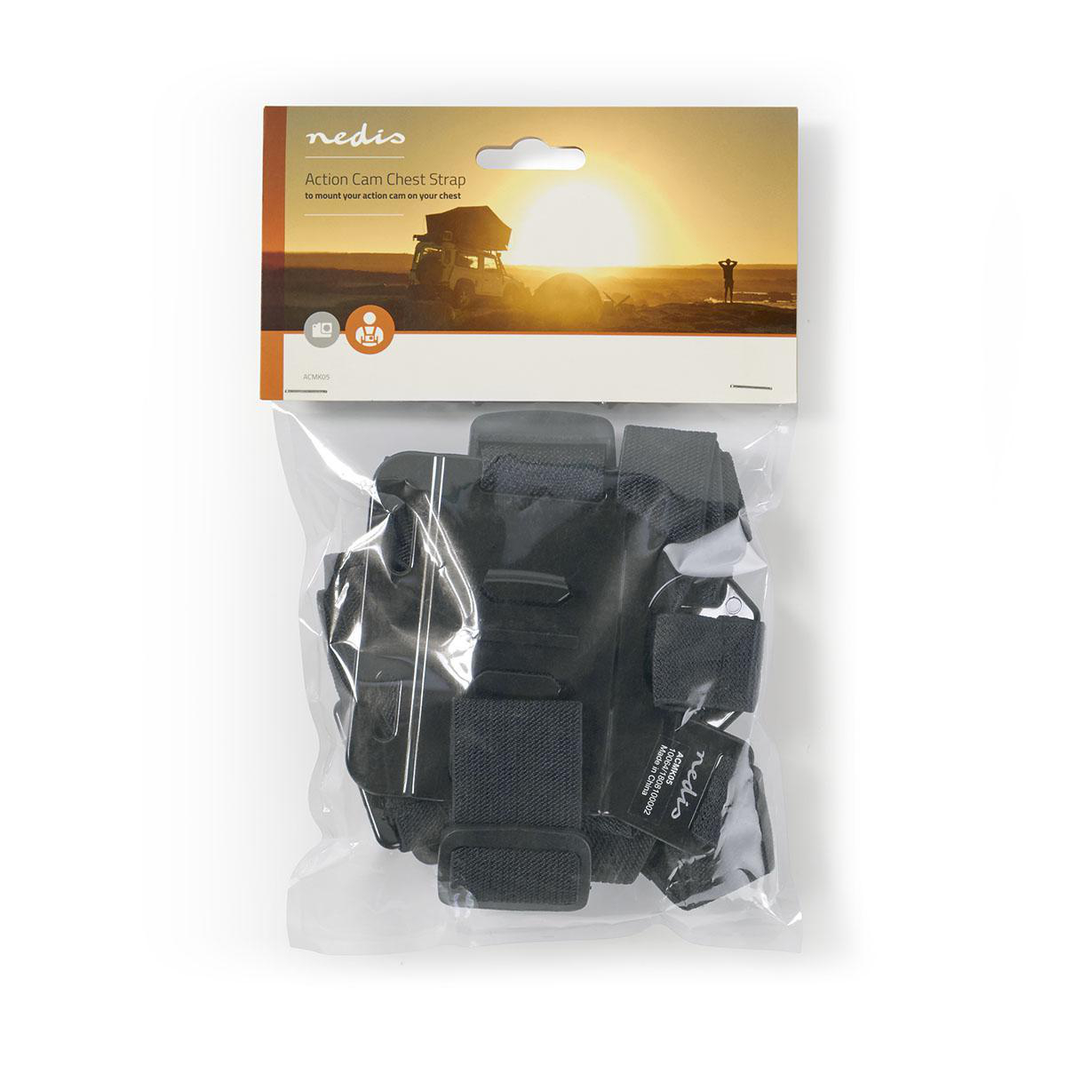 Pasek na klatkę piersiową do kamery sportowej, zapakowany w przezroczystą plastikową torbę.