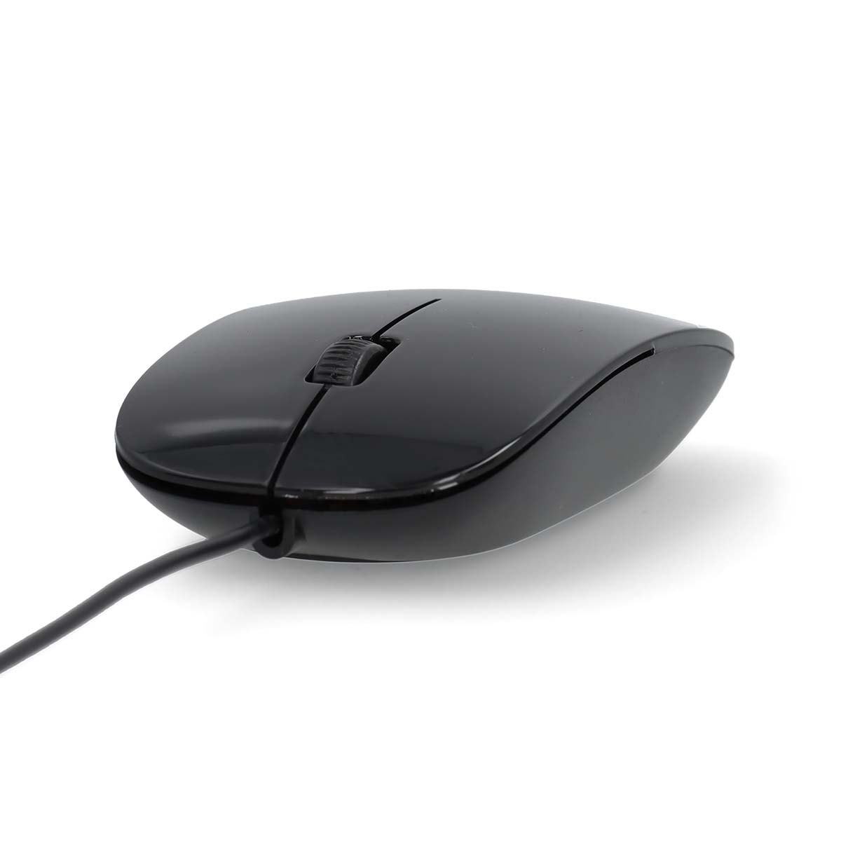 Black computer mouse with a wired connection. Simple design, with a scroll wheel and two buttons.