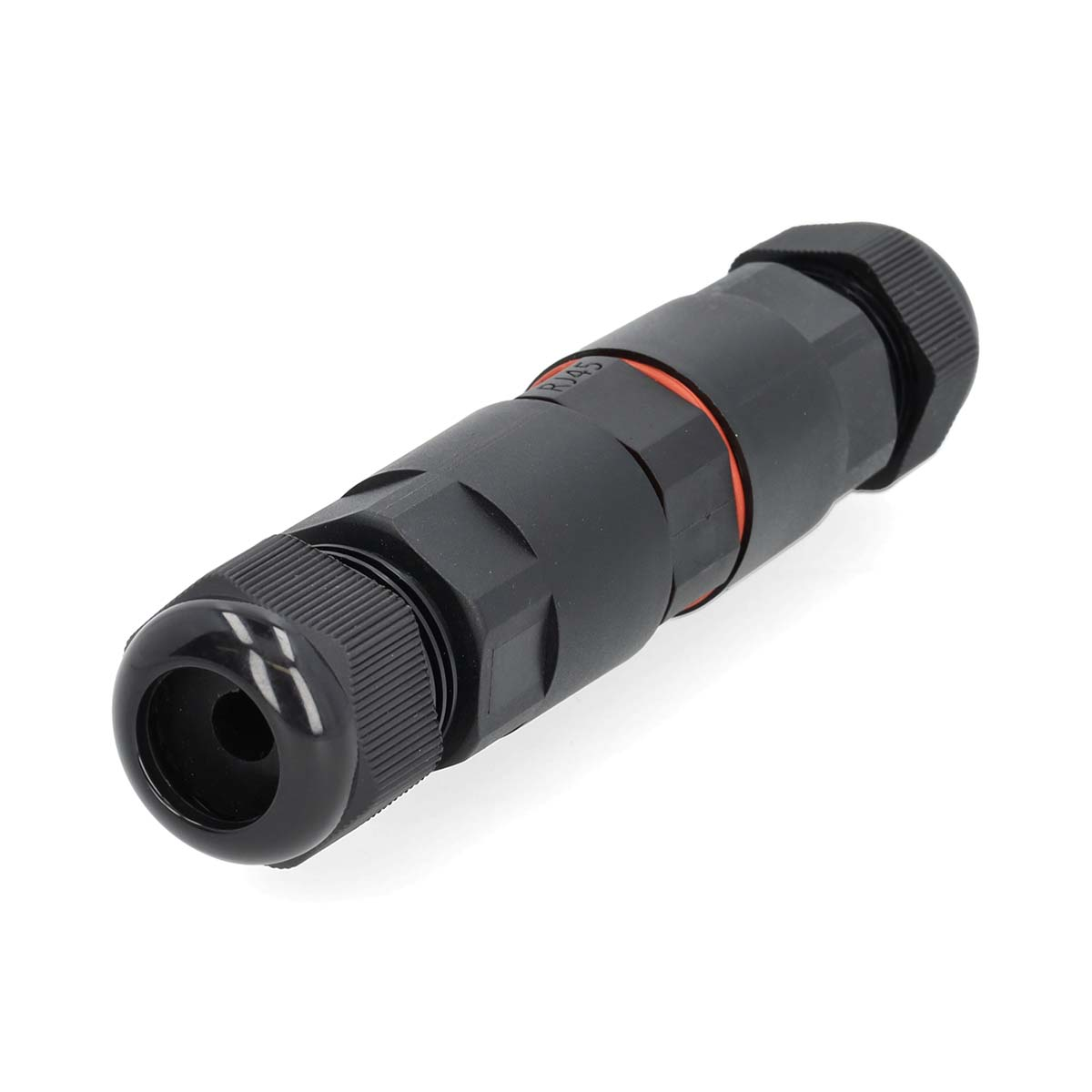 A black waterproof connector. It has a red ring and two screw-on parts.
