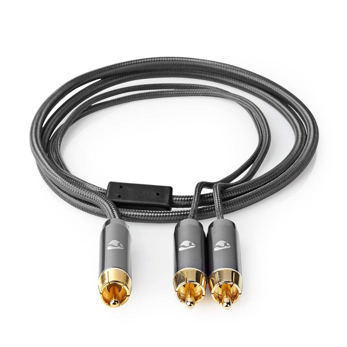 Gray audio cable with three gold-tipped connectors. The cable is coiled and lies on a white surface.