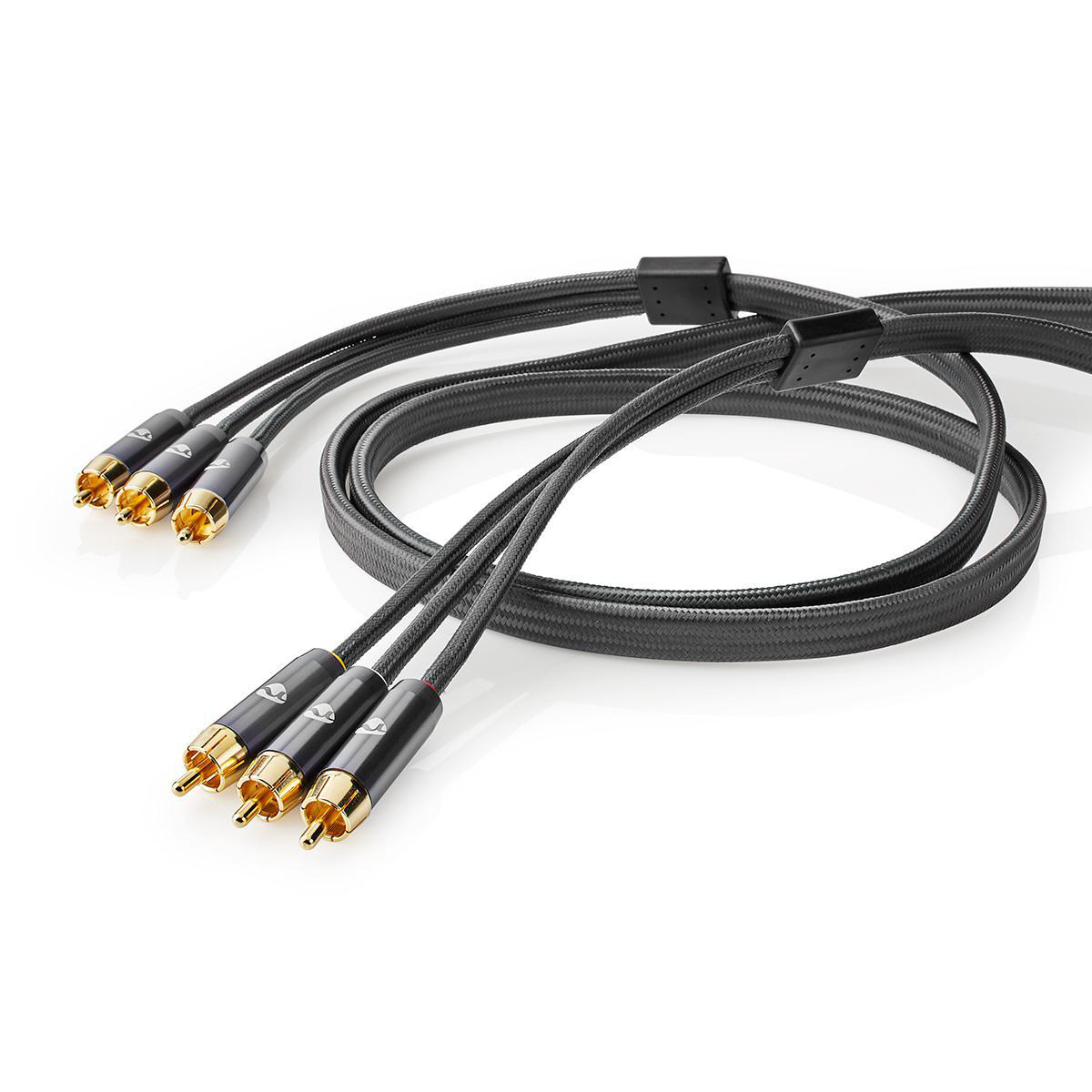 Three black RCA cables with gold-colored connectors on a white background.