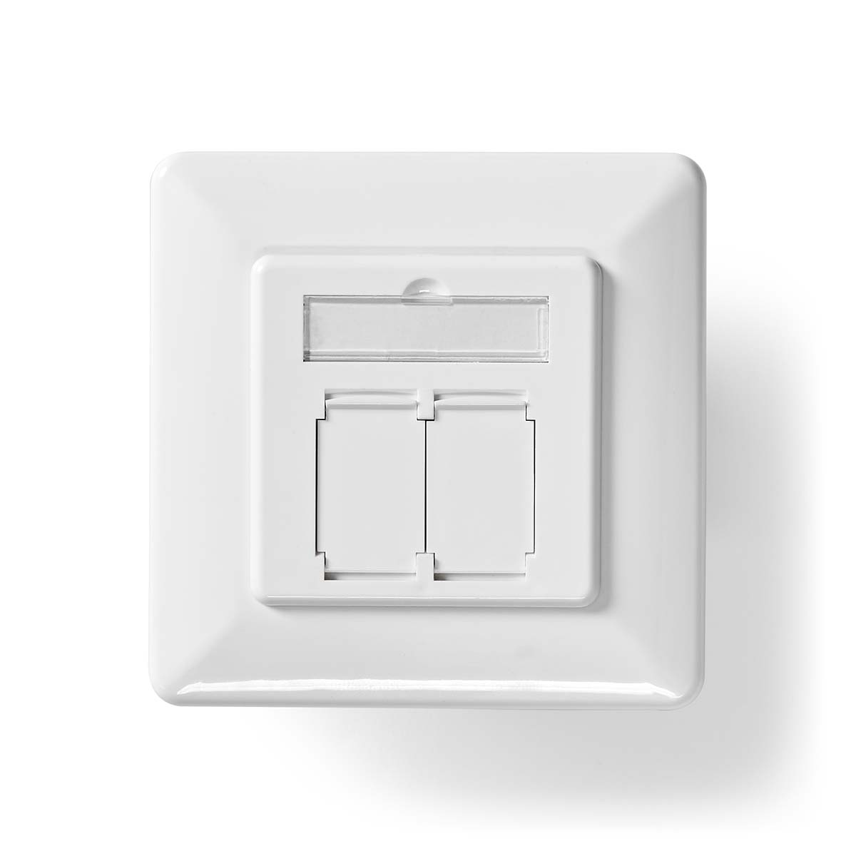 A white electrical wall socket with two rectangular holes and a clear plastic cover.