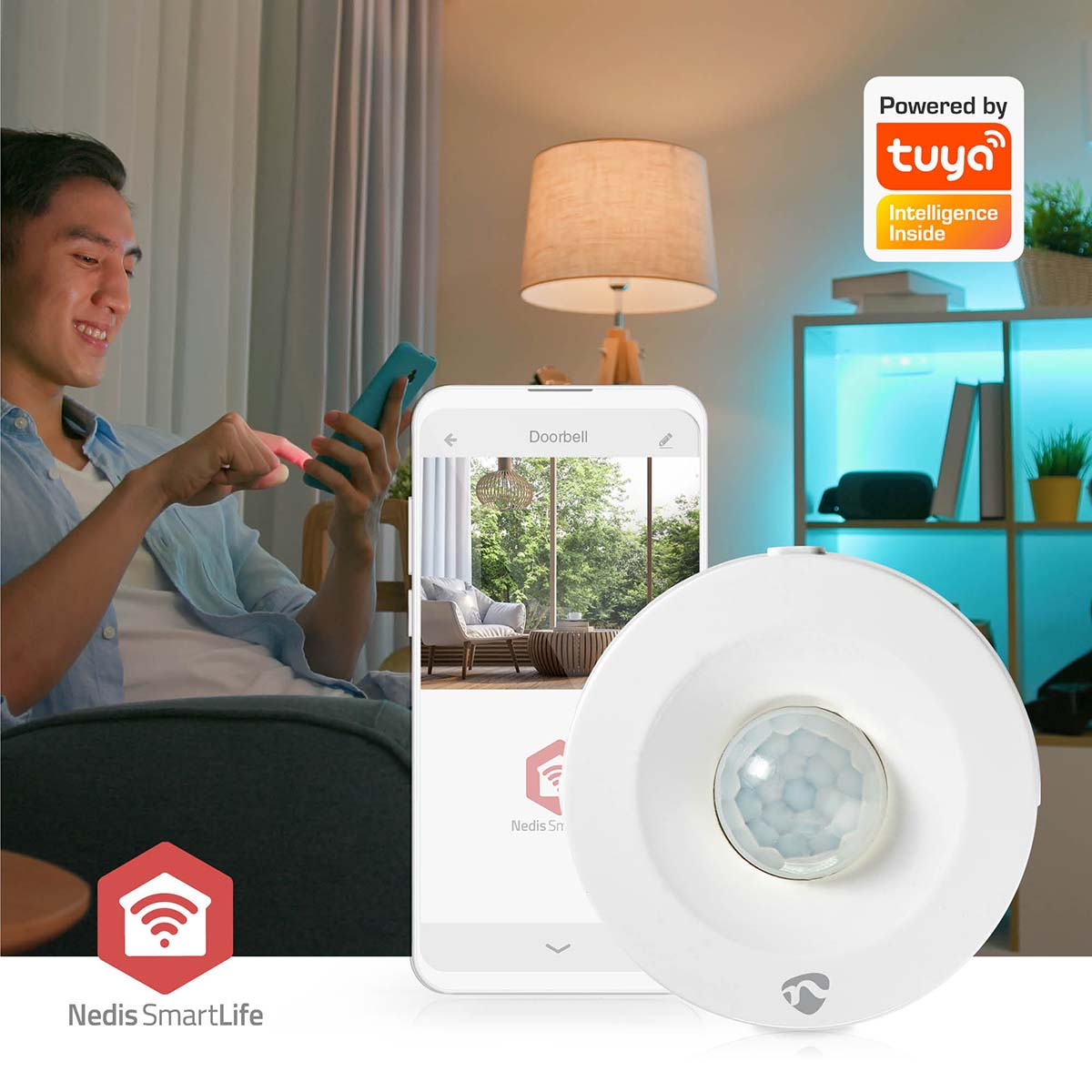 Man using phone and motion sensor in the scene, with smart home elements.