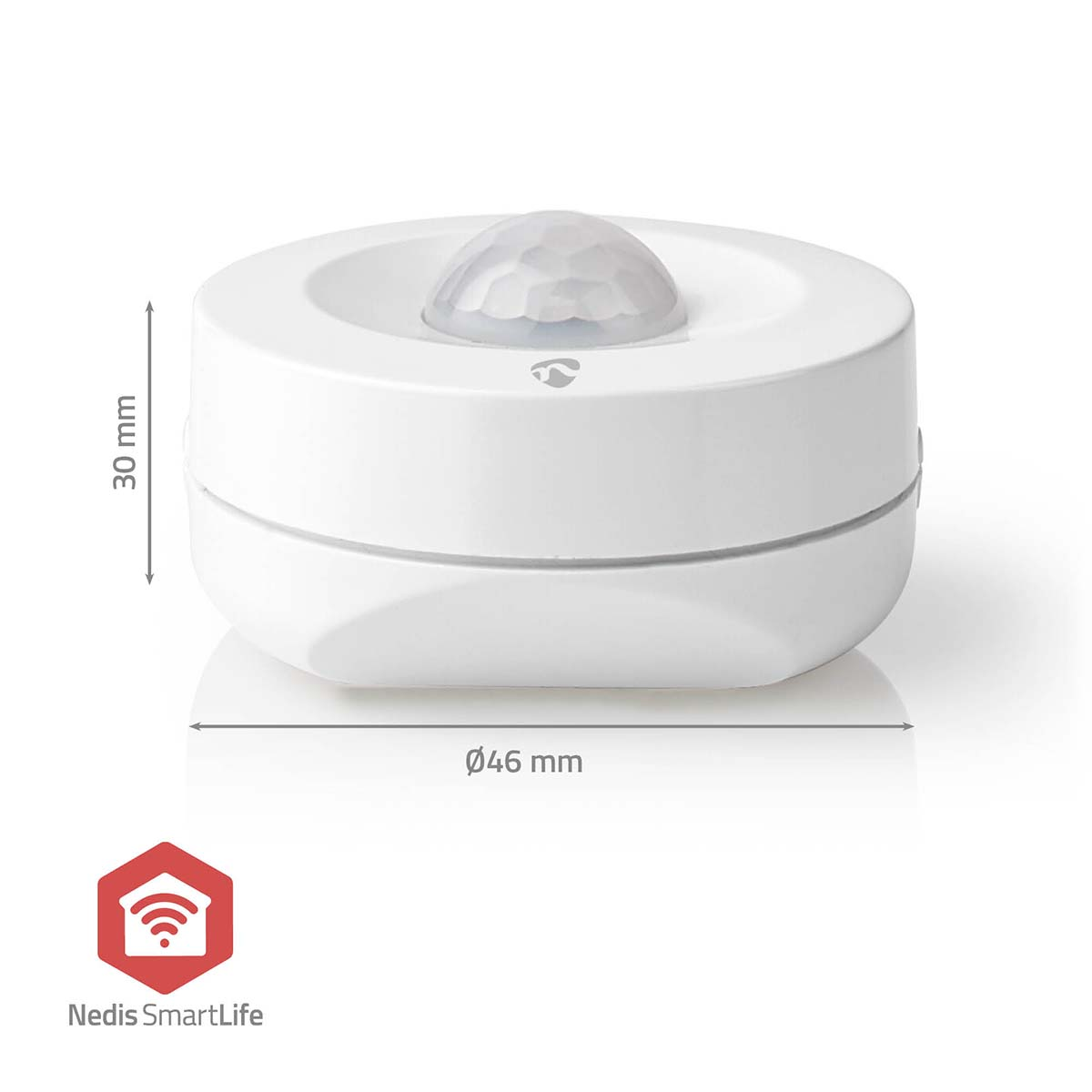 White motion sensor with measurements, and a logo for Nedis SmartLife.
