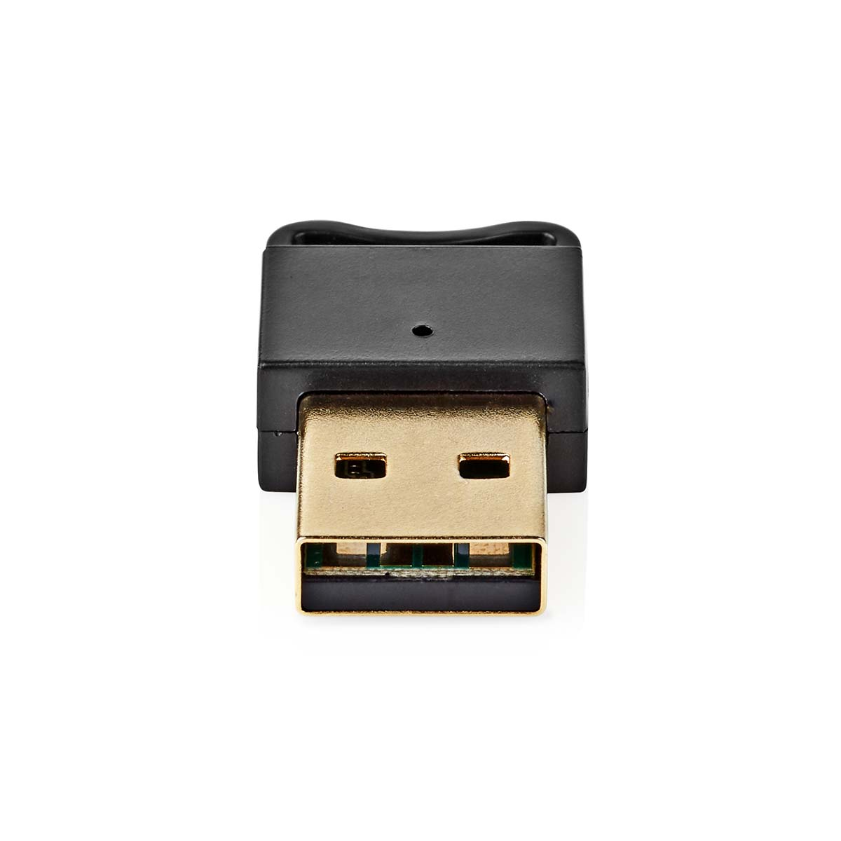 Ein schwarzer USB-Adapter mit goldenem USB-Anschluss, isoliert auf weißem Hintergrund.