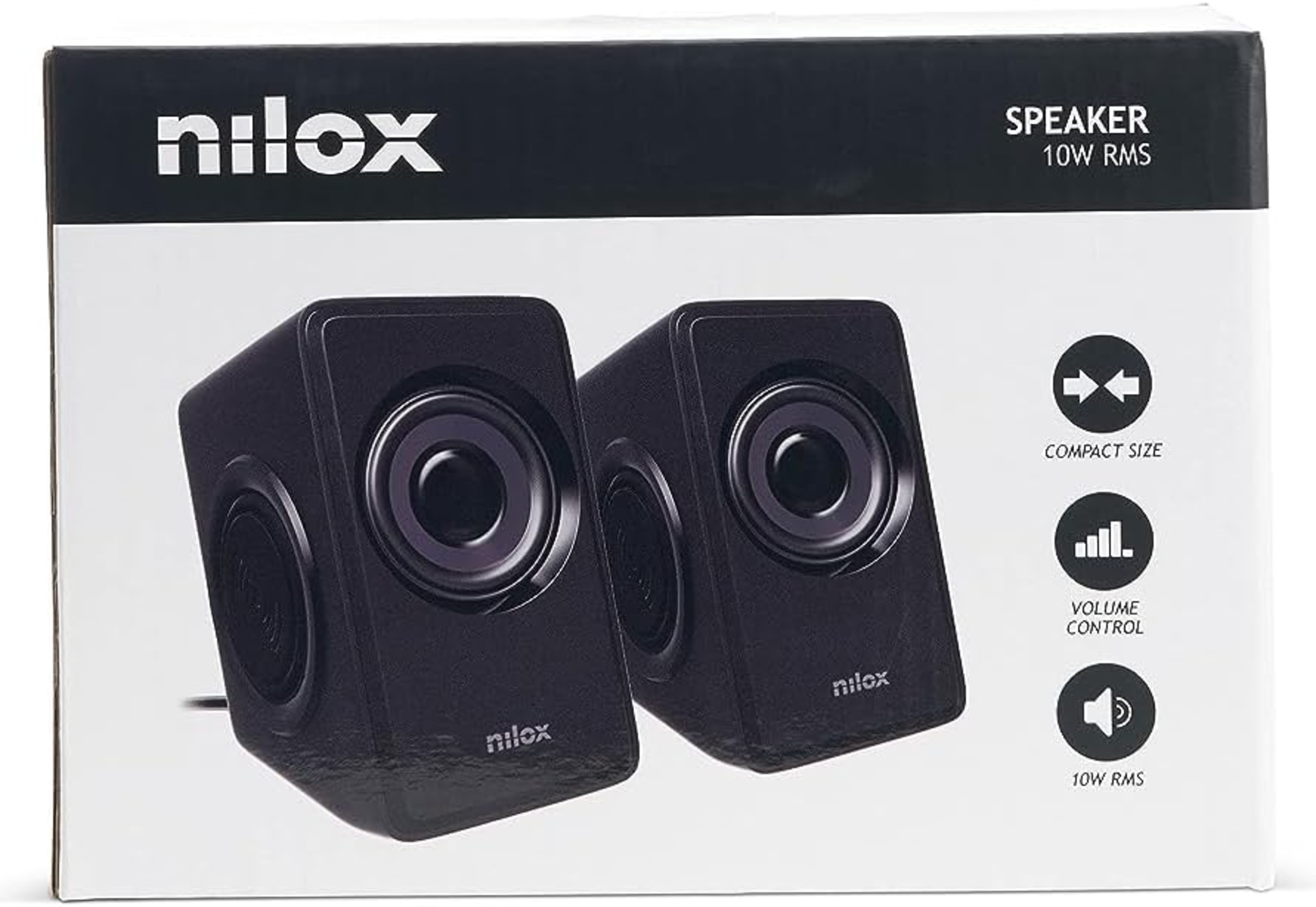 Caja de altavoz negra con dos altavoces y una caja blanca con texto.