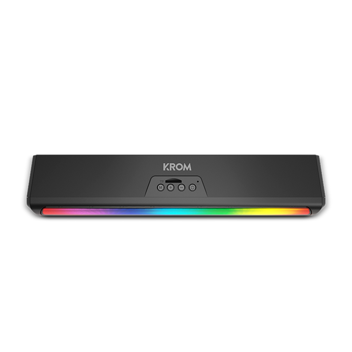 Barra de sonido Krom negra con iluminación RGB colorida en la parte inferior, vista frontal.