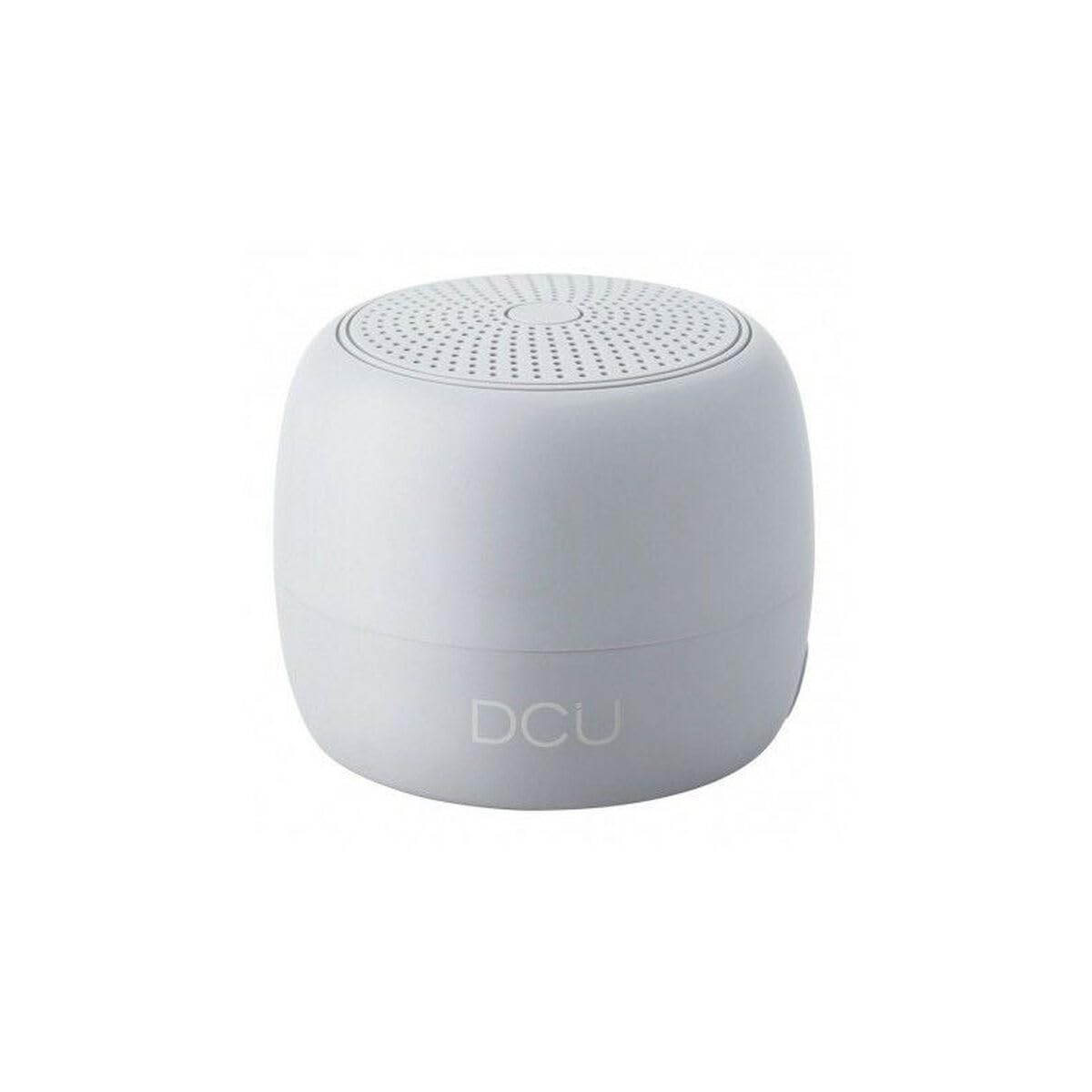 Altoparlante Bluetooth DCU bianco e cilindrico. Design semplice con parte superiore perforata e logo DCU.