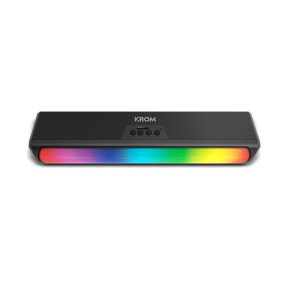 Altavoz Krom negro con una barra de luz de color arcoíris en la parte inferior. Los botones están en la parte superior.